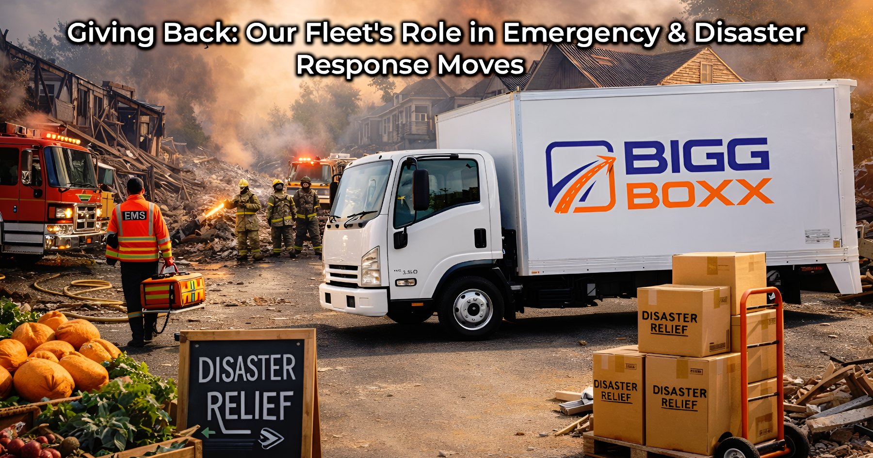 A white BIGG BOXX delivery truck parked at a disaster relief site with emergency responders and a fire truck in the background, featuring stacked cardboard boxes labeled "DISASTER RELIEF" and a "DISASTER RELIEF" chalkboard sign in the foreground | Giving Back: Our Fleet's Role in Emergency & Disaster Response Moves | Bigg Boxx Rentals