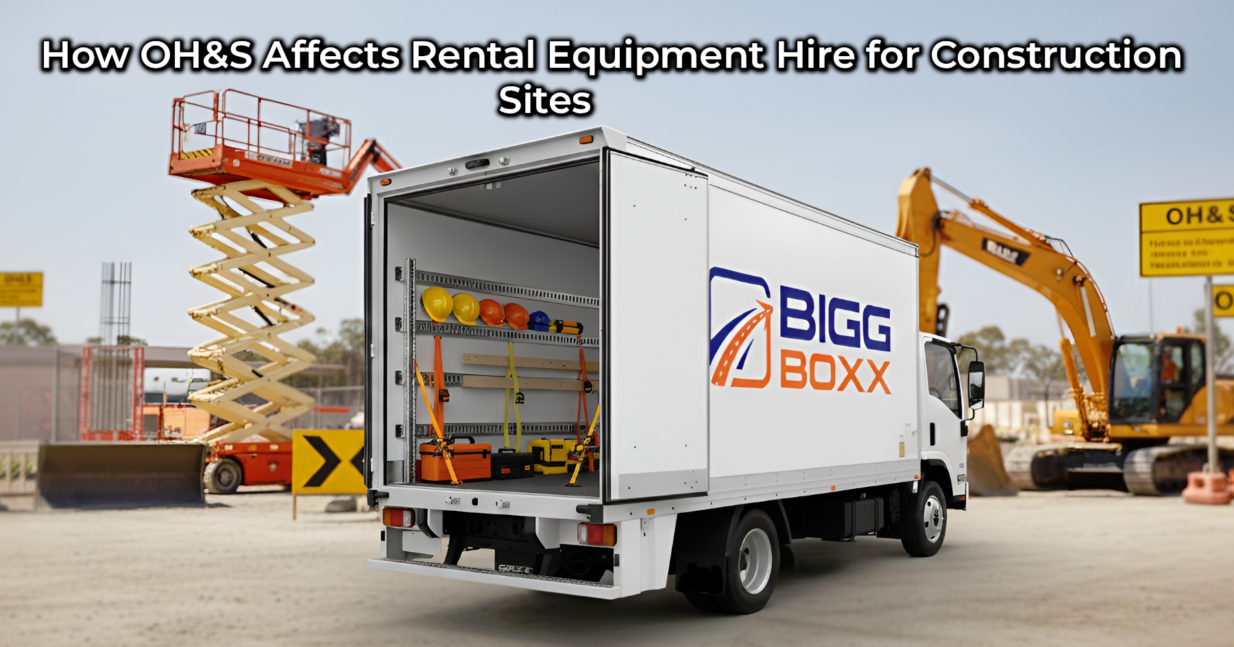 A white box truck with the "BIGG BOXX" logo, its rear door open showing organized tools and safety gear inside, is parked on a dirt construction site near a yellow excavator and a scissor lift | How OH&S Affects Rental Equipment Hire for Construction Sites | Bigg Boxx Rentals