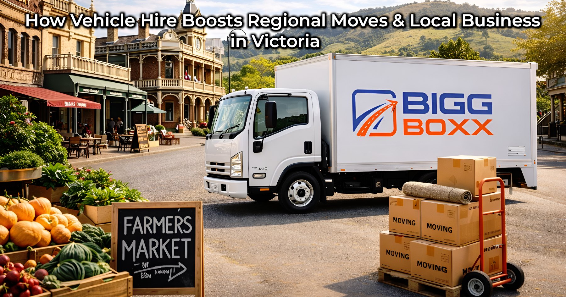A white BIGG BOXX delivery truck parked on a charming regional Victorian street next to a "Farmers Market" sign and a display of fresh produce, with several "Moving" boxes stacked on a pallet in the foreground | How Vehicle Hire Boosts Regional Moves & Local Business in Victoria | Bigg Boxx Rentals