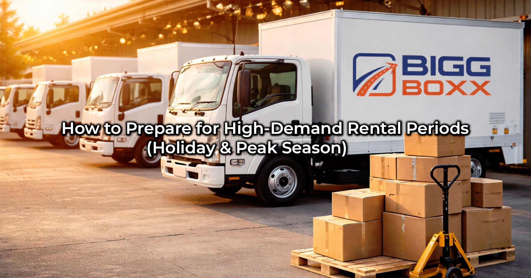 Fleet of Bigg Boxx rental trucks parked outside a warehouse during golden hour, with stacked cardboard boxes on a pallet and a pallet jack in the foreground, representing preparation for high-demand holiday and peak rental seasons | How to Prepare for High-Demand Rental Periods (Holiday & Peak Season) | Bigg Boxx Rentals
