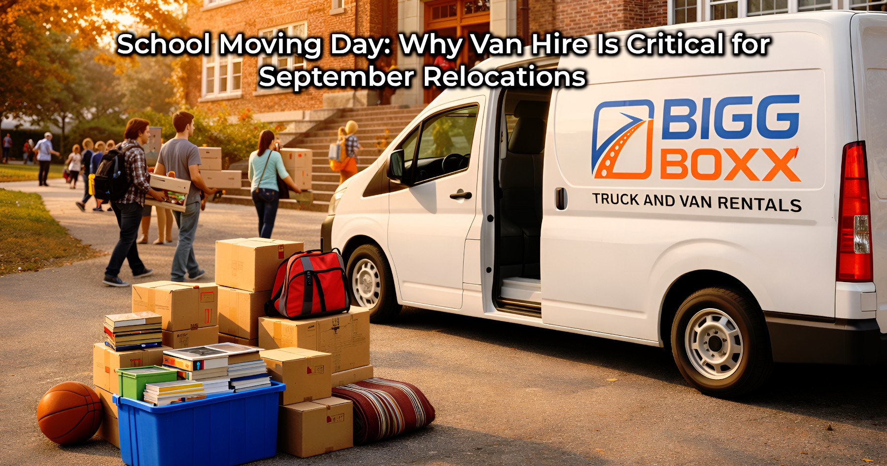 A white delivery truck with a prominent BIGG BOXX logo parked at a vibrant outdoor festival at sunset, featuring a concert stage with colorful lights and stacked delivery boxes on a wooden pallet in the foreground | School Moving Day: Why Van Hire Is Critical for September Relocations | Bigg Boxx Rentals