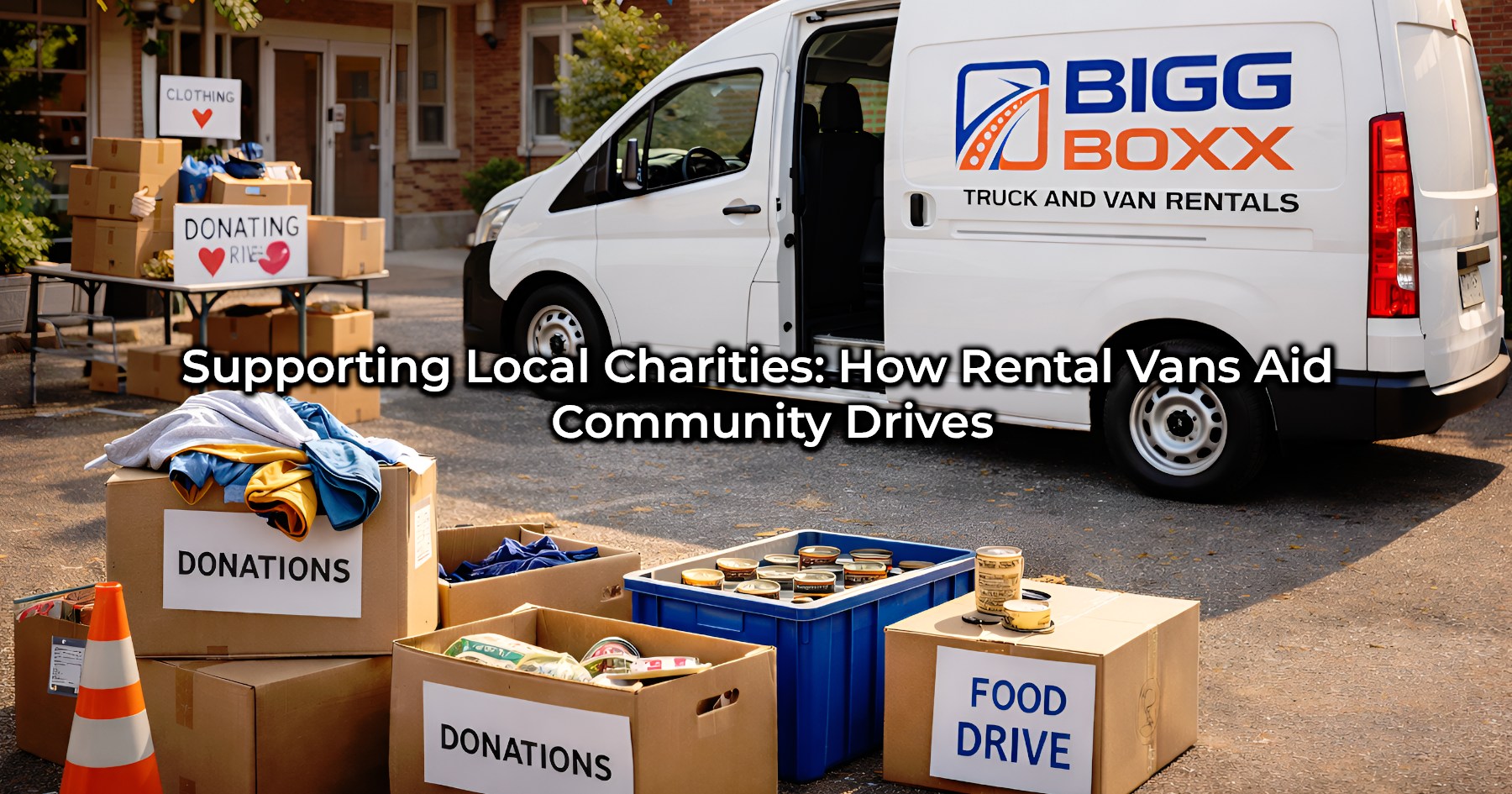 A white BIGG BOXX rental van with its side door open, parked at a community donation site with several cardboard boxes labeled "DONATIONS" and "FOOD DRIVE" containing clothes and canned goods in the foreground | Supporting Local Charities: How Rental Vans Aid Community Drives | Bigg Boxx Rentals