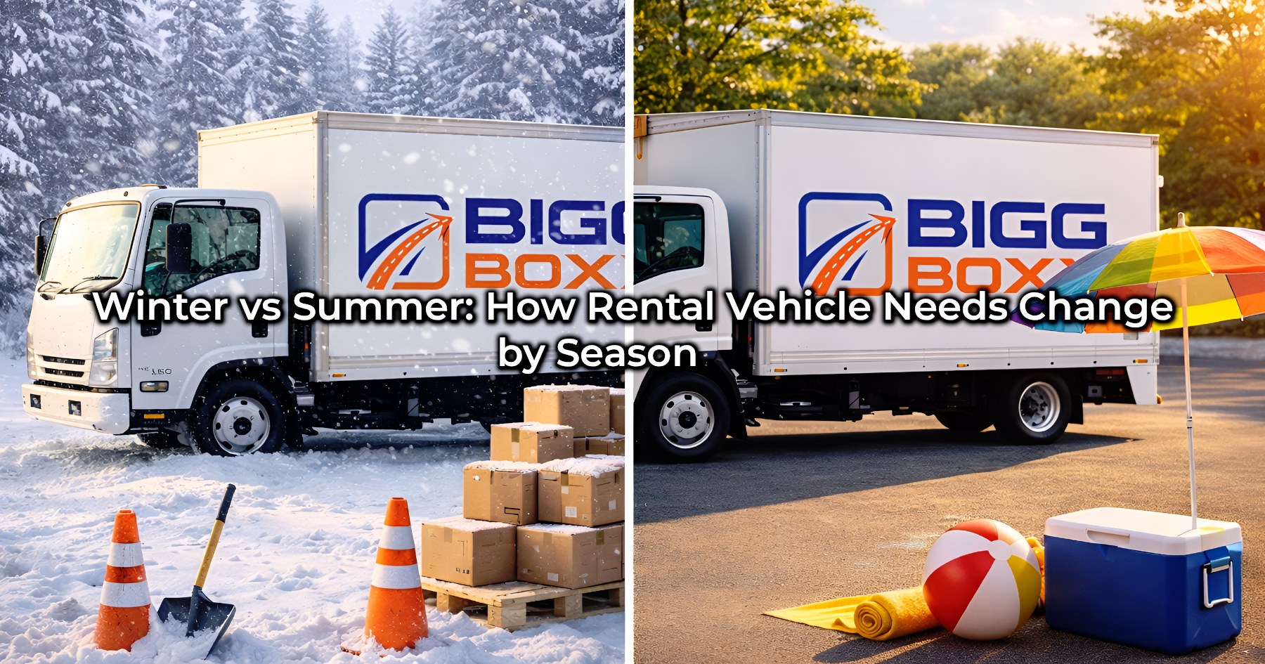 A split-screen comparison showing a white BIGG BOXX delivery truck in two seasonal settings: the left side features a snowy winter scene with a shovel and traffic cones, while the right side shows a sunny summer day with a beach umbrella and cooler | Winter vs Summer: How Rental Vehicle Needs Change by Season | Bigg Boxx Rentals