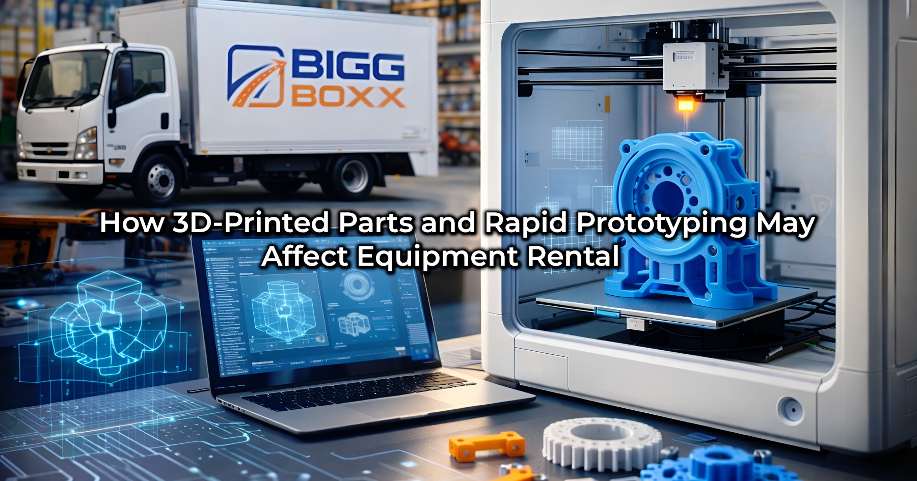 A white BIGG BOXX delivery truck parked in a high-tech workshop where a 3D printer is creating a blue industrial part, with a laptop in the foreground displaying engineering schematics and rapid prototyping data | How 3D-Printed Parts and Rapid Prototyping May Affect Equipment Rental | Bigg Boxx Rentals