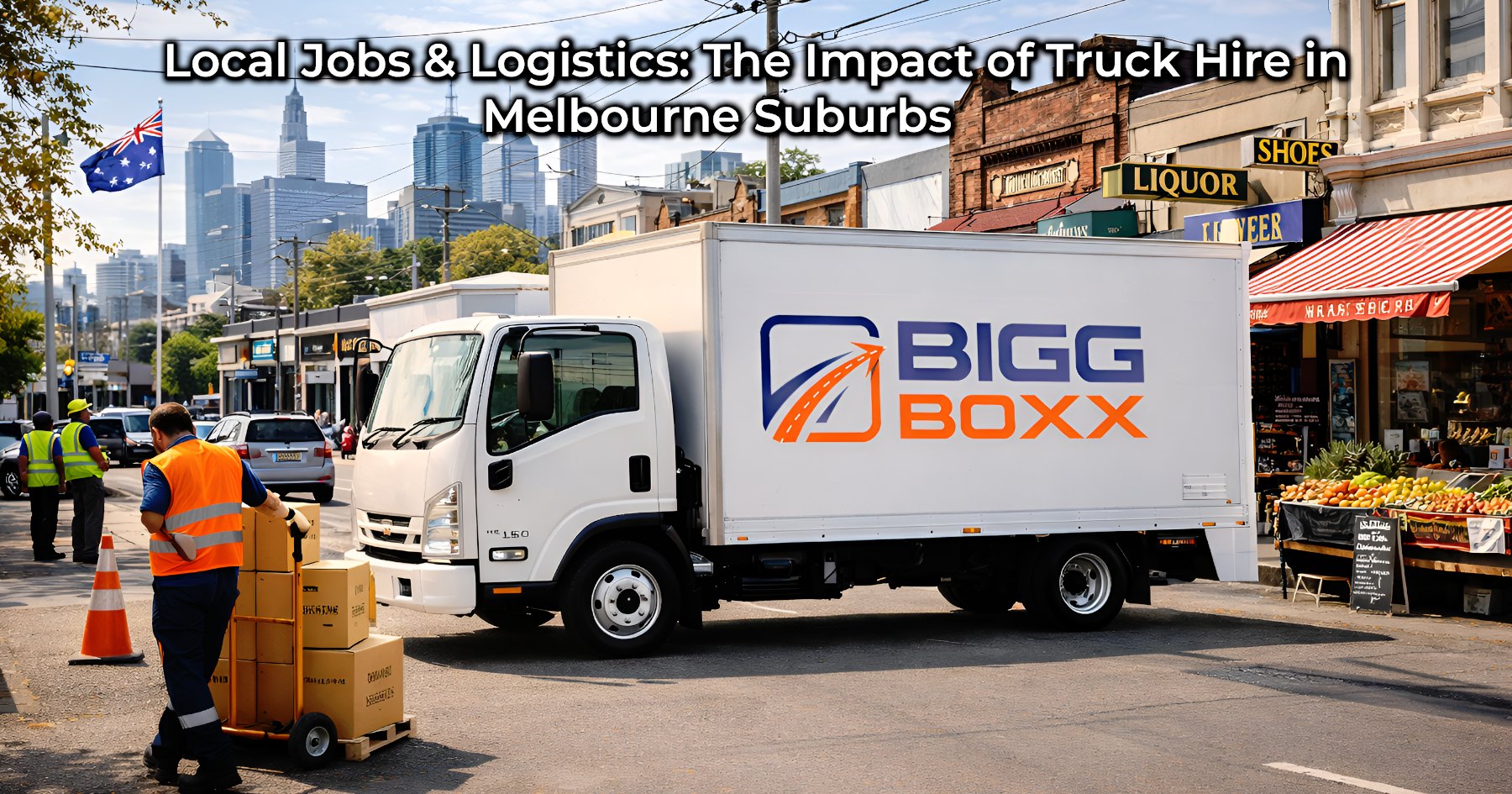 A white BIGG BOXX delivery truck parked on a busy Melbourne suburban street with the city skyline in the background, featuring a worker in an orange safety vest unloading boxes onto a hand trolley near local shops and an Australian flag | Local Jobs & Logistics: The Impact of Truck Hire in Melbourne Suburbs | Bigg Boxx Rentals