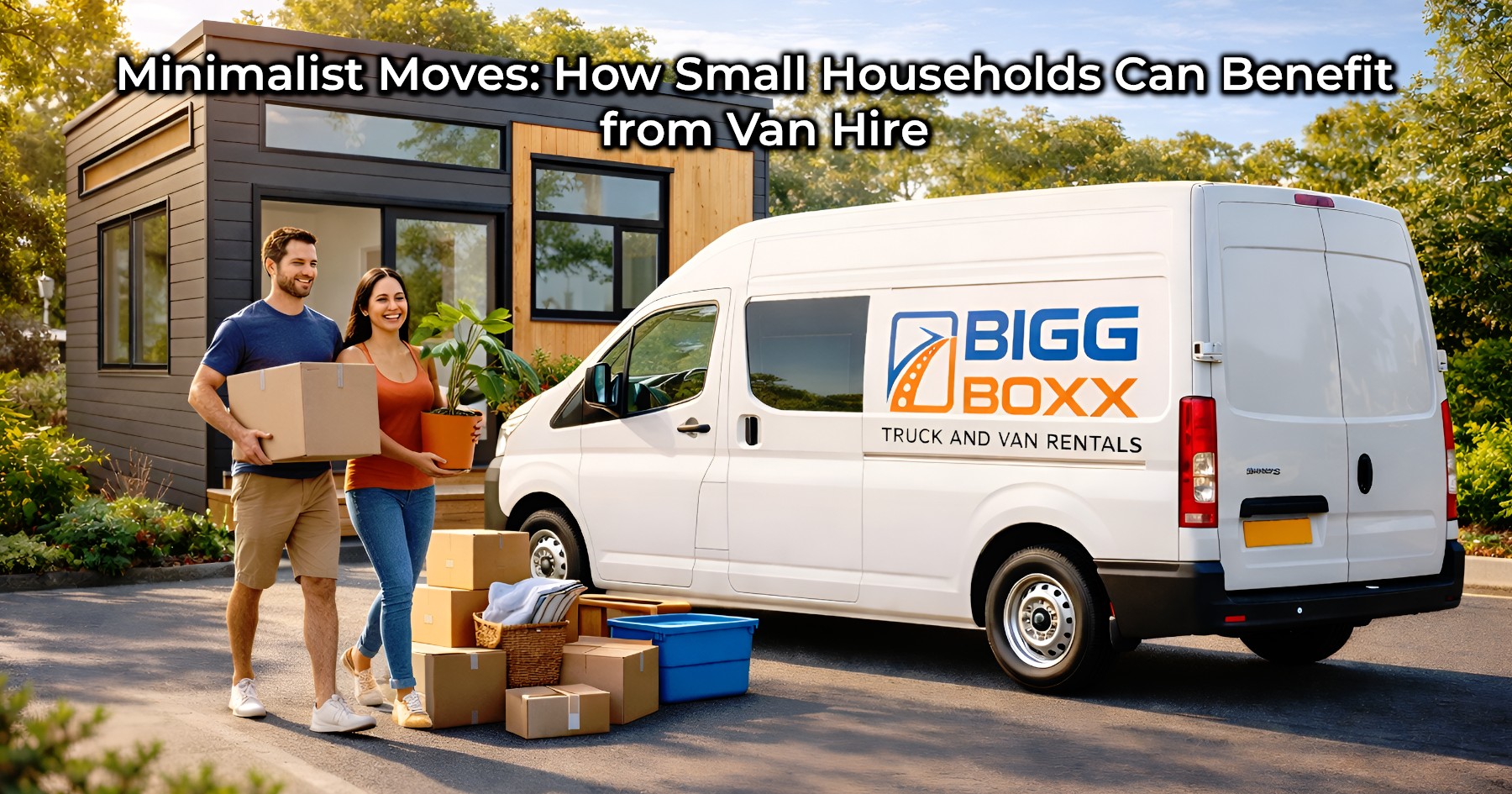 A smiling couple carrying a moving box and a potted plant toward a white BIGG BOXX rental van parked in front of a modern tiny home, with several more cardboard boxes and a blue storage bin stacked on the ground | Minimalist Moves: How Small Households Can Benefit from Van Hire | Bigg Boxx Rentals