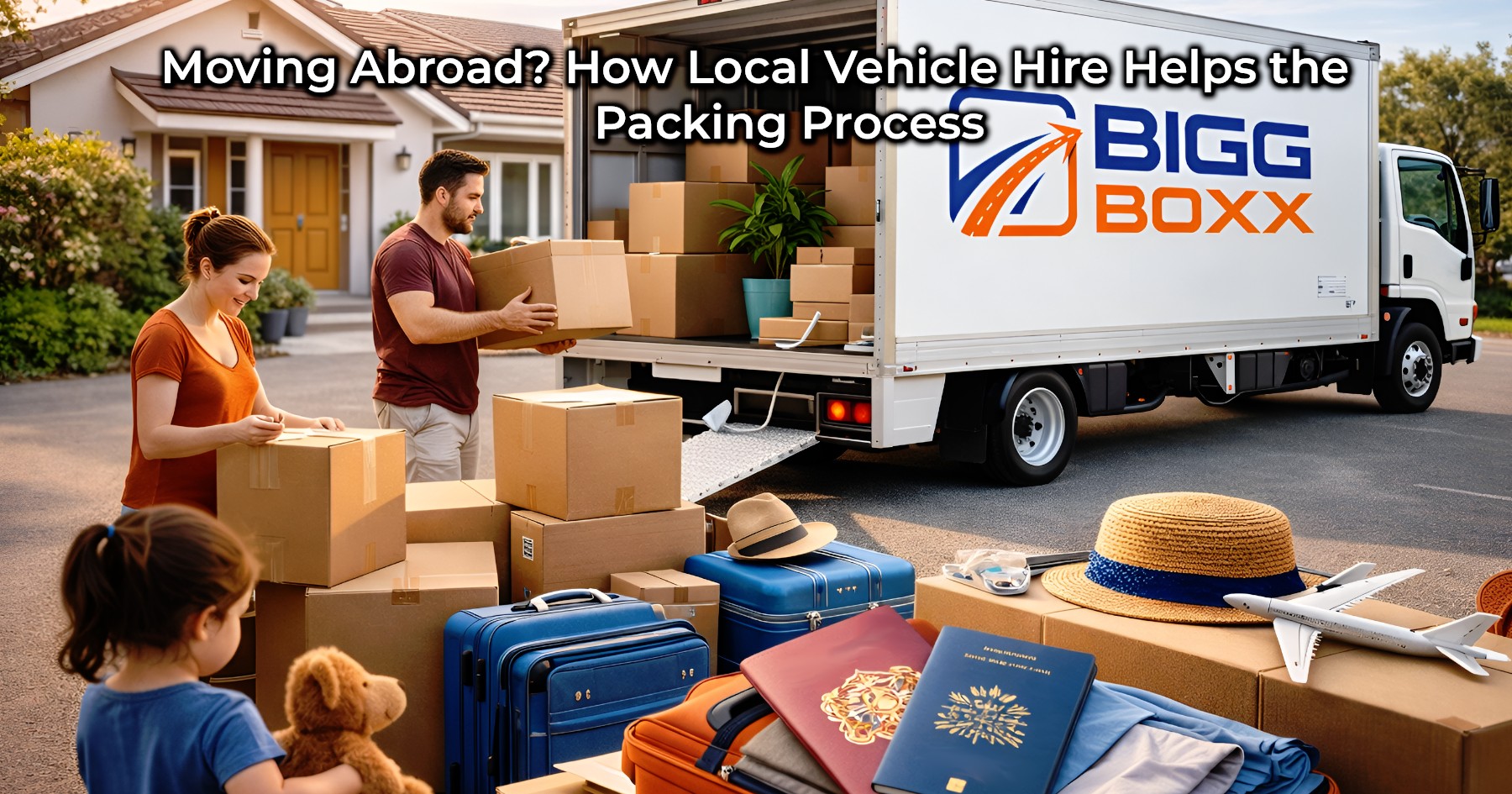 A family packing cardboard boxes, blue suitcases, and travel essentials like passports and a toy airplane into a white BIGG BOXX delivery truck parked in front of a suburban home, illustrating how local vehicle hire supports the packing process for moving abroad | Moving Abroad? How Local Vehicle Hire Helps the Packing Process | Bigg Boxx Rentals