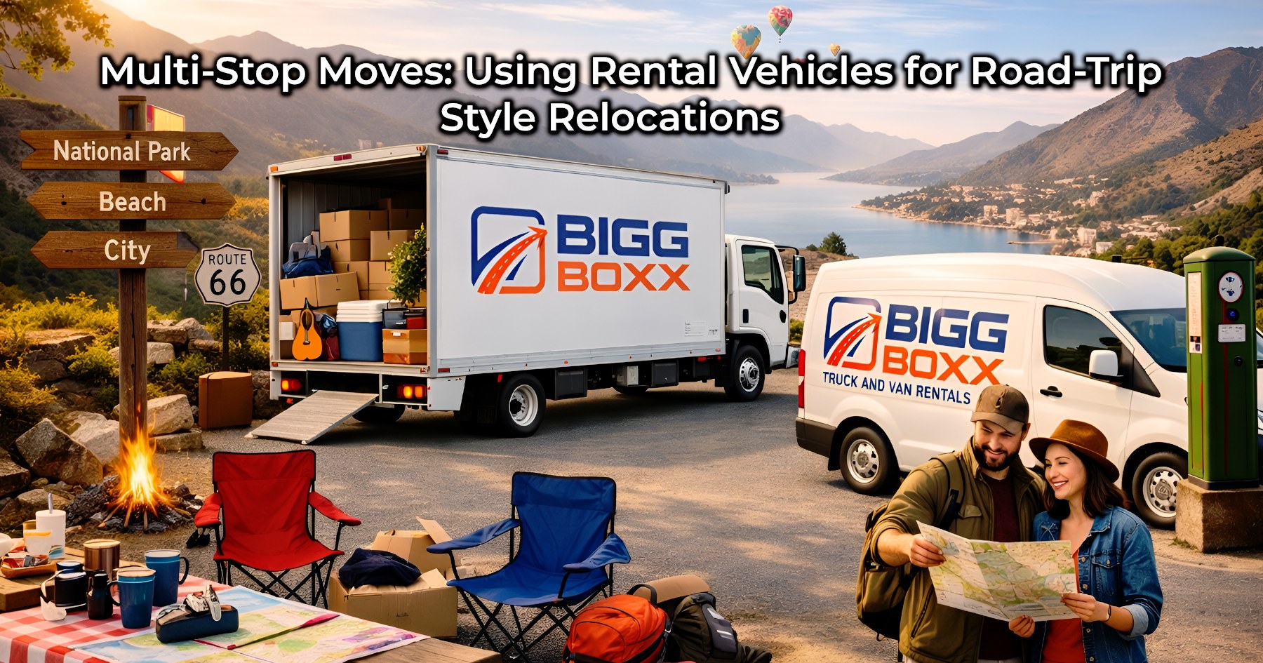 A white BIGG BOXX delivery truck and rental van parked at a scenic campsite overlooking a coastal bay and mountains, with a couple checking a map in the foreground near a campfire, camp chairs, and a directional sign for "National Park," "Beach," and "City " | Multi-Stop Moves: Using Rental Vehicles for Road-Trip Style Relocations | Bigg Boxx Rentals