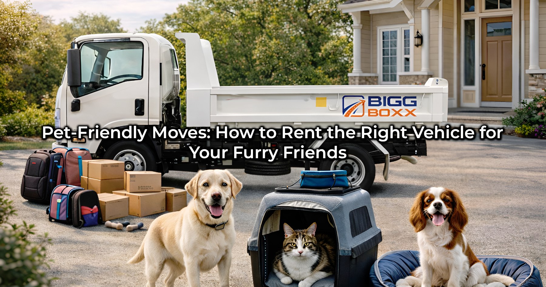 A white BIGG BOXX tipper truck parked in a suburban driveway next to a yellow Labrador, a Cavalier King Charles Spaniel, and a cat in a carrier, surrounded by pet travel crates and moving boxes | Pet-Friendly Moves: How to Rent the Right Vehicle for Your Furry Friends | Bigg Boxx Rentals