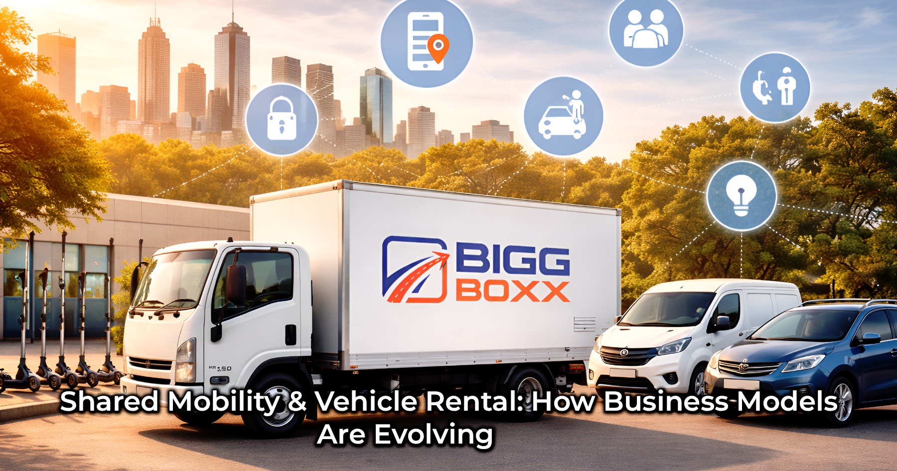 A white BIGG BOXX delivery truck and several rental vans parked in a modern urban lot with a city skyline at sunset, featuring digital icons overhead representing shared mobility, app-based booking, and smart logistics connectivity | Shared Mobility & Vehicle Rental: How Business Models Are Evolving | Bigg Boxx Rentals
