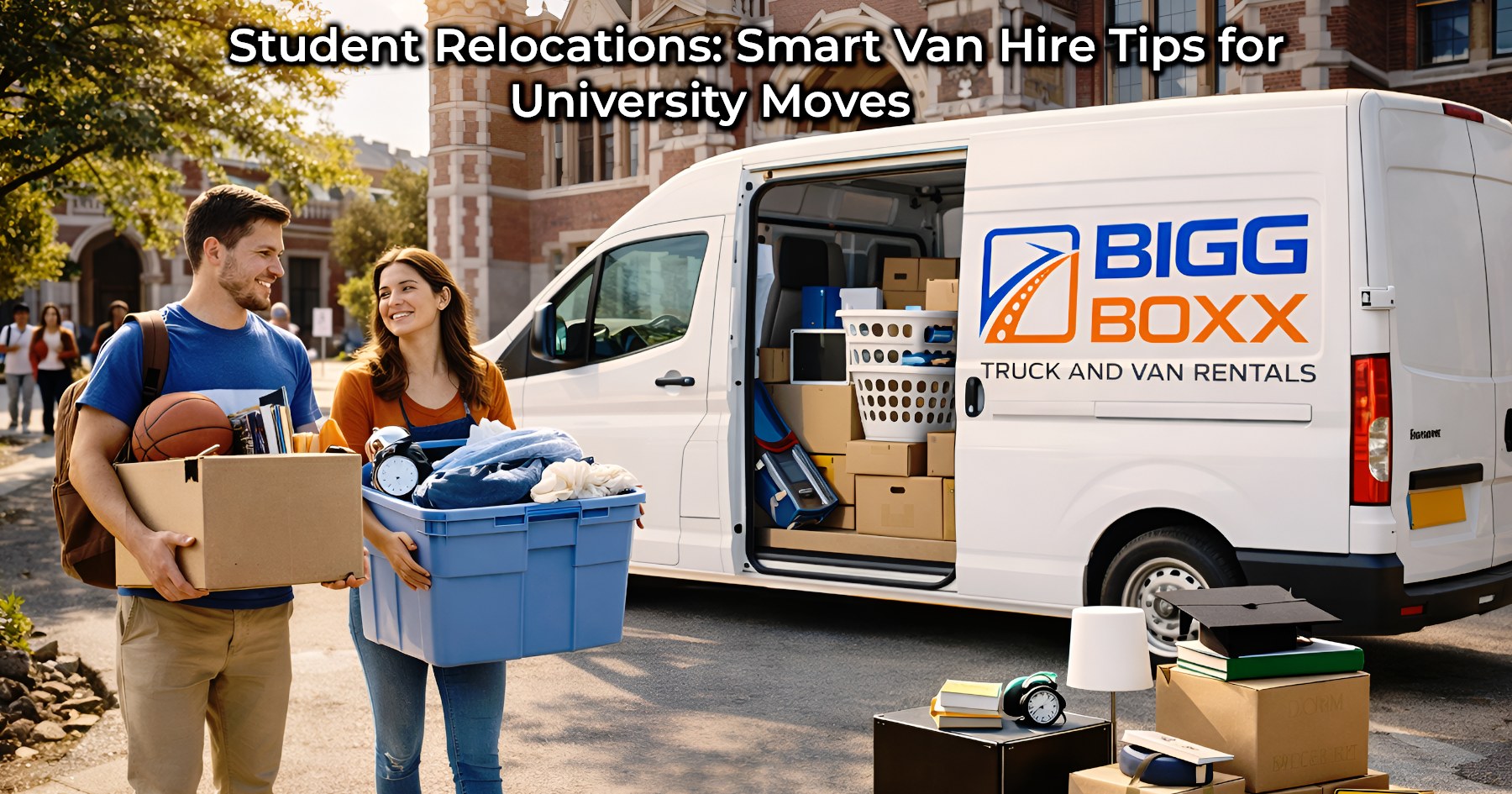 A smiling young male and female student carrying moving boxes and a blue storage bin toward a white BIGG BOXX rental van parked in front of a university campus building, with the van's side door open to reveal a packed interior of laundry baskets and boxes | Student Relocations: Smart Van Hire Tips for University Moves | Bigg Boxx Rentals