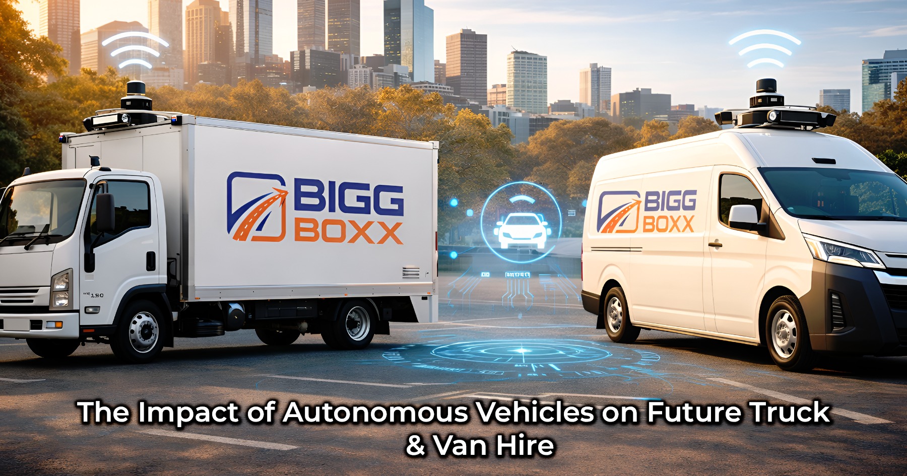 A white BIGG BOXX delivery truck and rental van equipped with roof-mounted sensors and digital signal icons, parked on a city street at sunset to illustrate the impact of autonomous vehicle technology on the future of the transport industry | The Impact of Autonomous Vehicles on Future Truck & Van Hire | Bigg Boxx Rentals