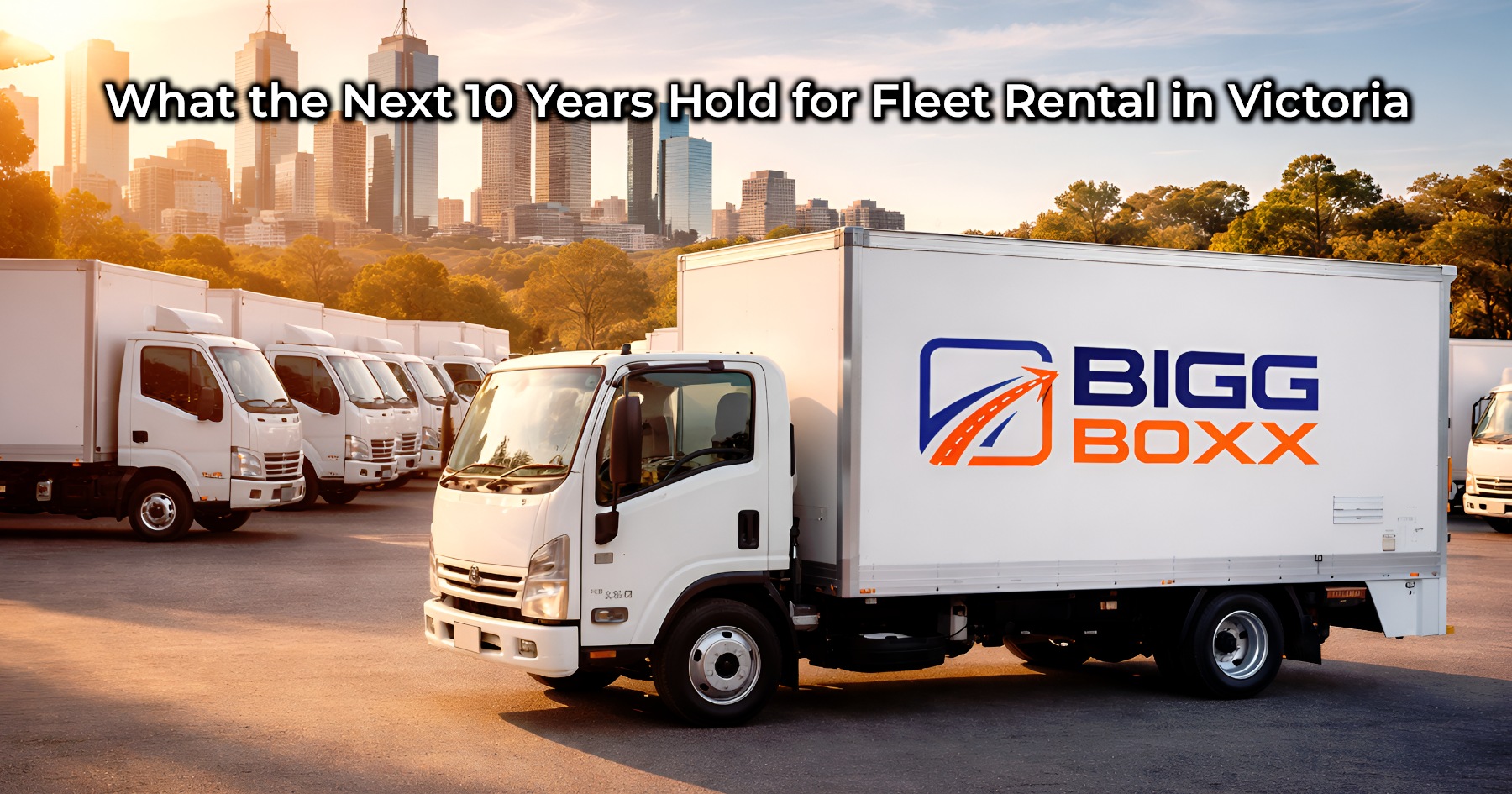 A row of white BIGG BOXX delivery trucks parked in a large lot during a clear sunrise, with a modern city skyline in the background, illustrating the long-term growth of fleet rental in Victoria | What the Next 10 Years Hold for Fleet Rental in Victoria | Bigg Boxx Rentals