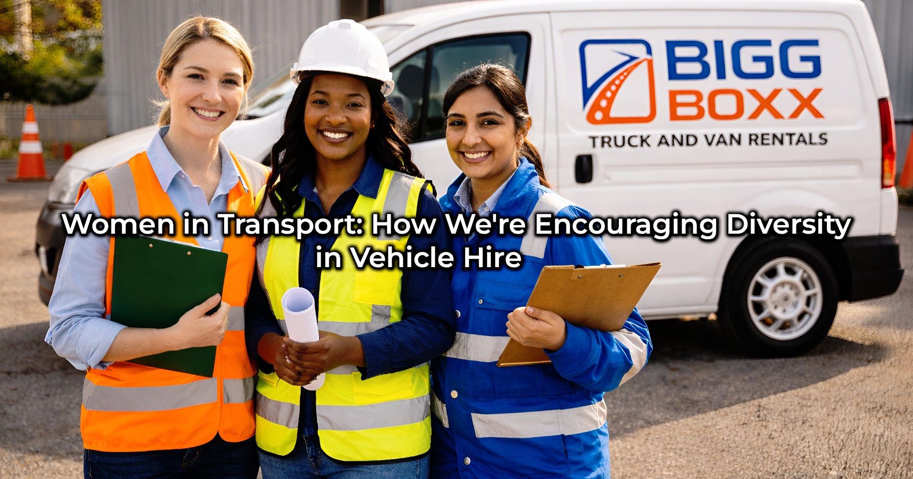 Three smiling female logistics professionals in high-visibility safety vests and hard hats standing together in front of a white BIGG BOXX rental van, holding clipboards and site plans to promote diversity in the vehicle hire industry | Women in Transport: How We're Encouraging Diversity in Vehicle Hire | Bigg Boxx Rentals