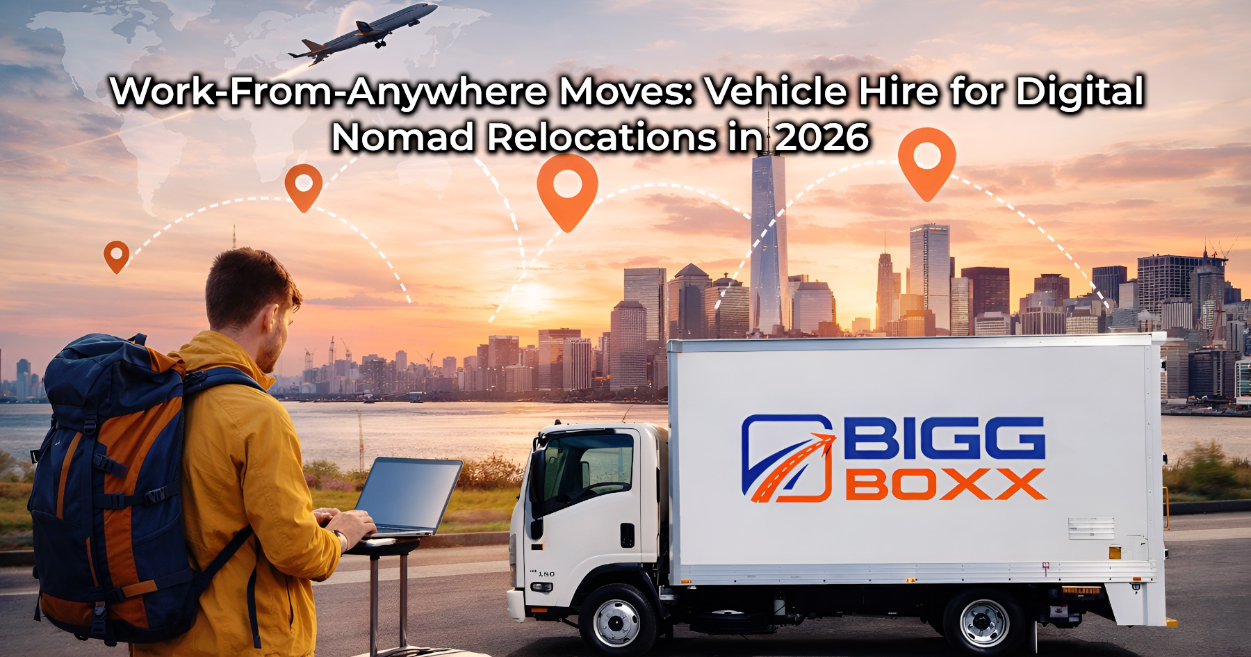 Digital nomad using laptop beside branded rental truck at sunset, illustrating digital nomad vehicle hire for remote relocation and travel in 2026 | Work-From-Anywhere Moves: Vehicle Hire for Digital Nomad Relocations in 2026 | Bigg Boxx Rentals