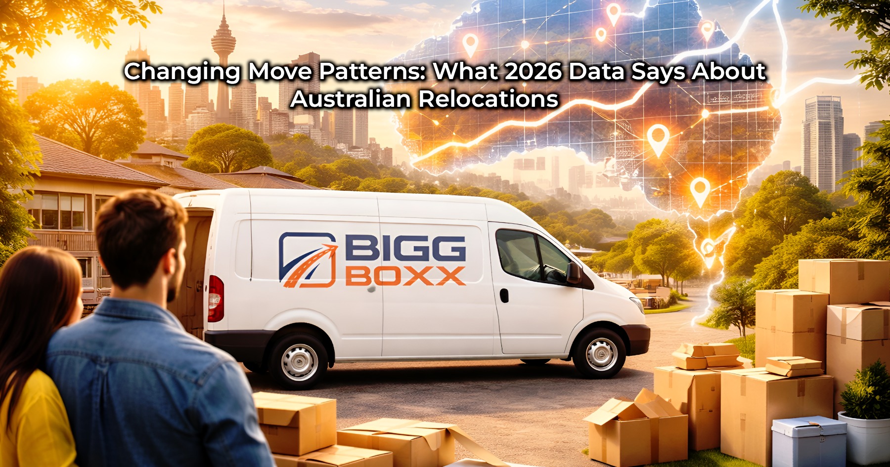 Australian relocation trends showing couple moving with Bigg Boxx van and data-driven Australia map in modern suburban setting | Changing Move Patterns: What 2026 Data Says About Australian Relocations | Bigg Boxx Rentals