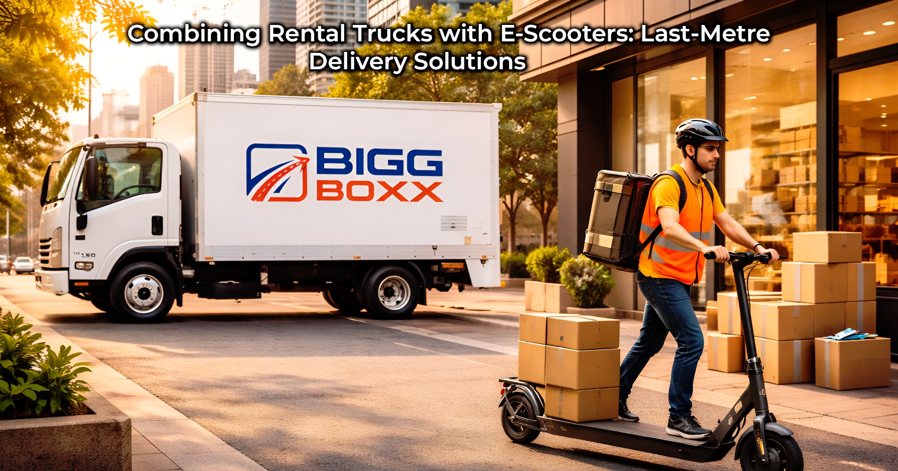 Last-metre delivery solutions using Bigg Boxx rental truck and e-scooter courier delivering packages in modern urban setting | Combining Rental Trucks with E-Scooters: Last-Metre Delivery Solutions | Bigg Boxx Rentals