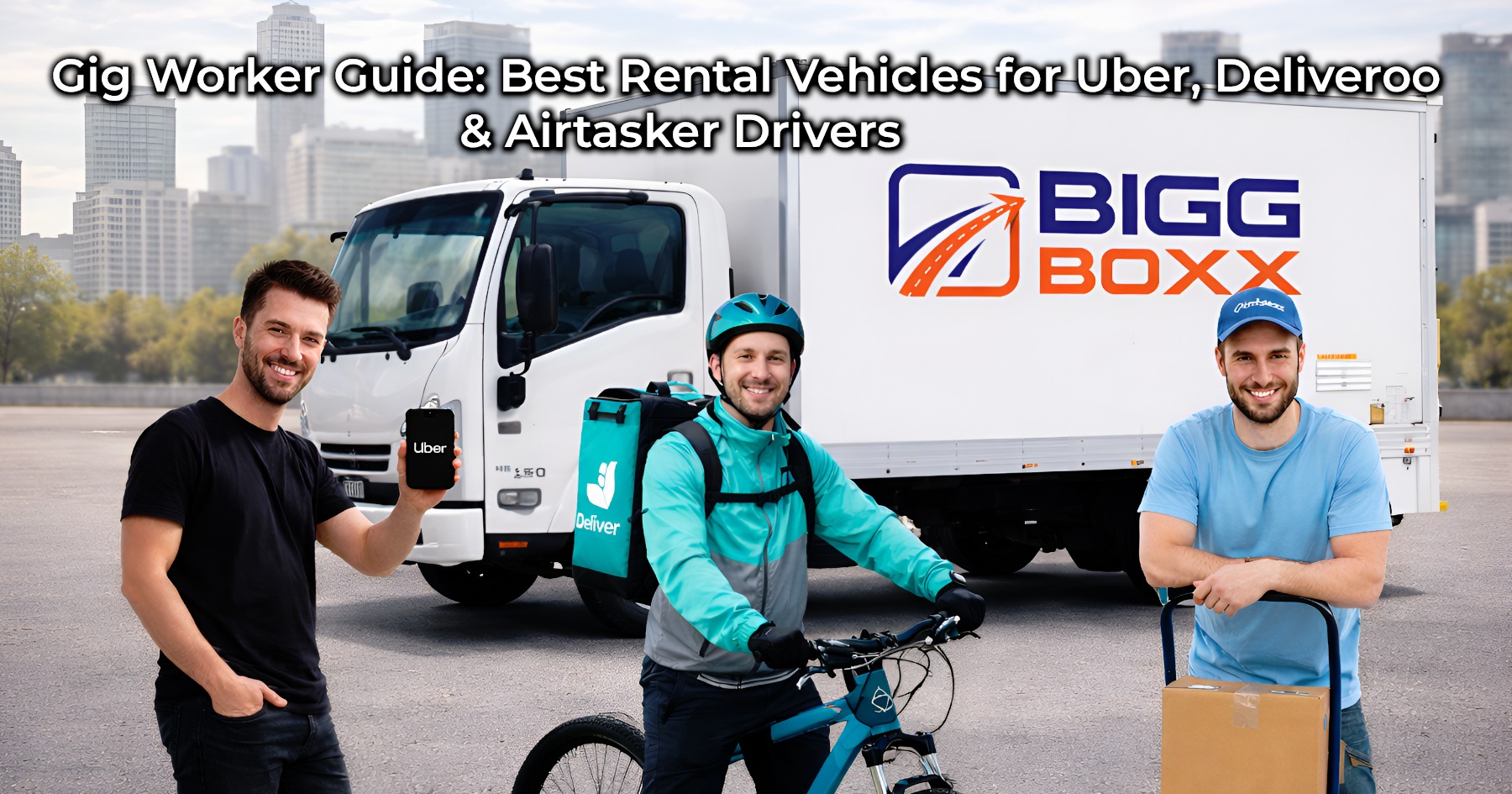 Gig economy drivers standing with Bigg Boxx truck and delivery gear, showcasing gig worker rental vehicles for rideshare and delivery services | Gig Worker Guide: Best Rental Vehicles for Uber, Deliveroo & Airtasker Drivers | Bigg Boxx Rentals