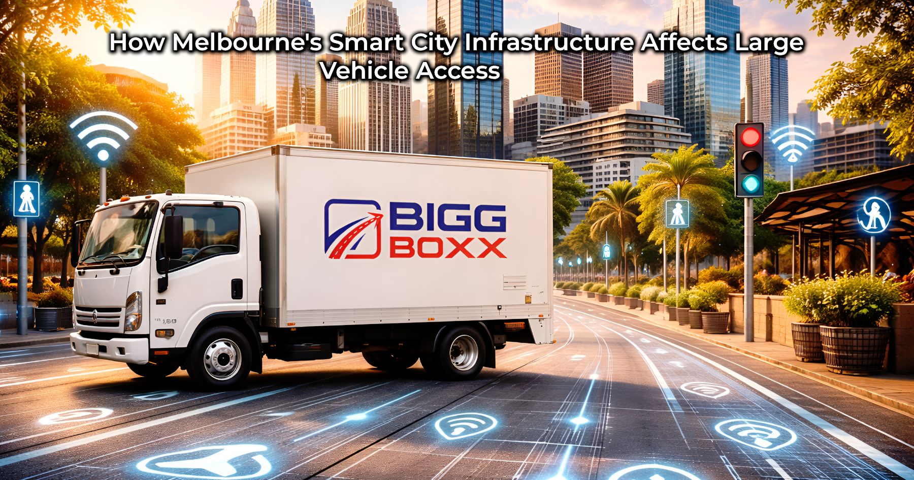 Melbourne smart city vehicle access with Bigg Boxx truck navigating connected traffic systems in modern urban streetscape | How Melbourne's Smart City Infrastructure Affects Large Vehicle Access | Bigg Boxx Rentals