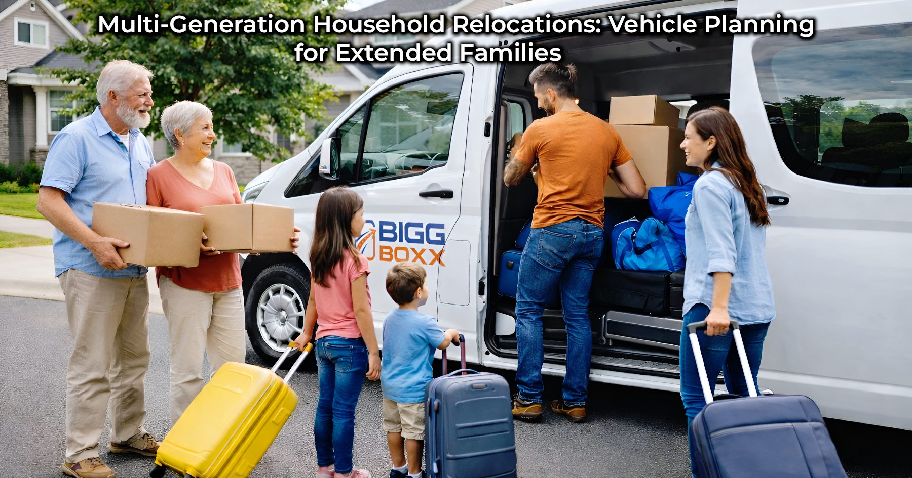 Multi-generation household relocations with grandparents, parents, and children loading boxes and luggage into a BIGG BOXX passenger van for an extended family move | Multi-Generation Household Relocations: Vehicle Planning for Extended Families | Bigg Boxx Rentals