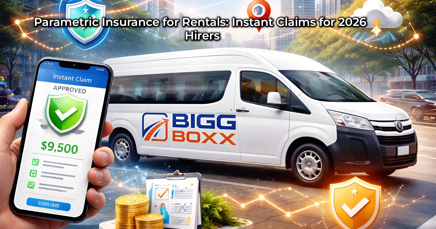 Parametric insurance for rentals concept showing a BIGG BOXX passenger van with instant claim approval on a smartphone, digital payout confirmation, and insurance protection icons in a modern city setting | Parametric Insurance for Rentals: Instant Claims for 2026 Hirers | Bigg Boxx Rentals
