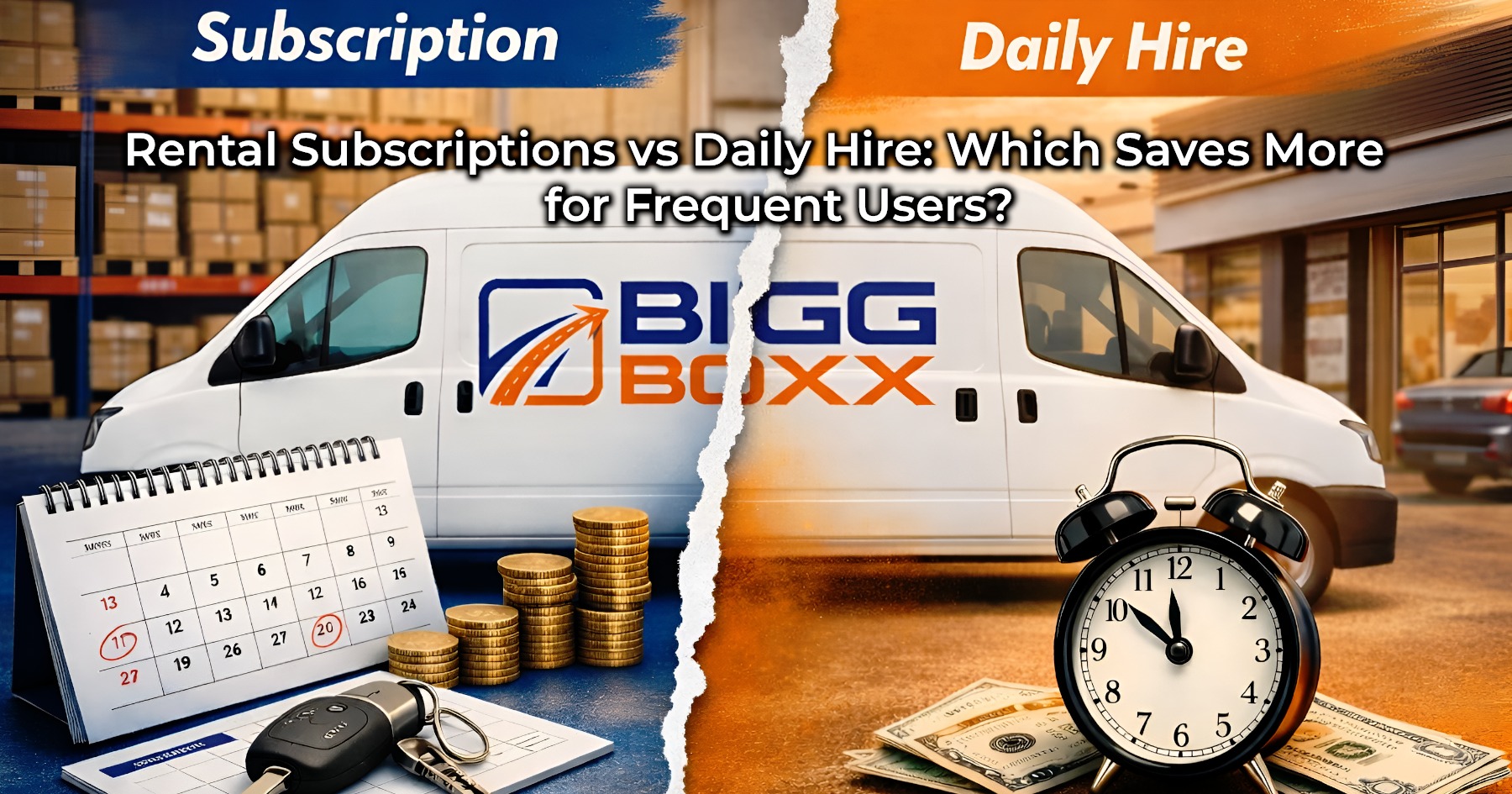 Comparison of rental subscription service vs daily vehicle hire showing a branded Bigg Boxx van with calendar, coins, and alarm clock illustrating cost savings for frequent users | Rental Subscriptions vs Daily Hire: Which Saves More for Frequent Users? | Bigg Boxx Rentals