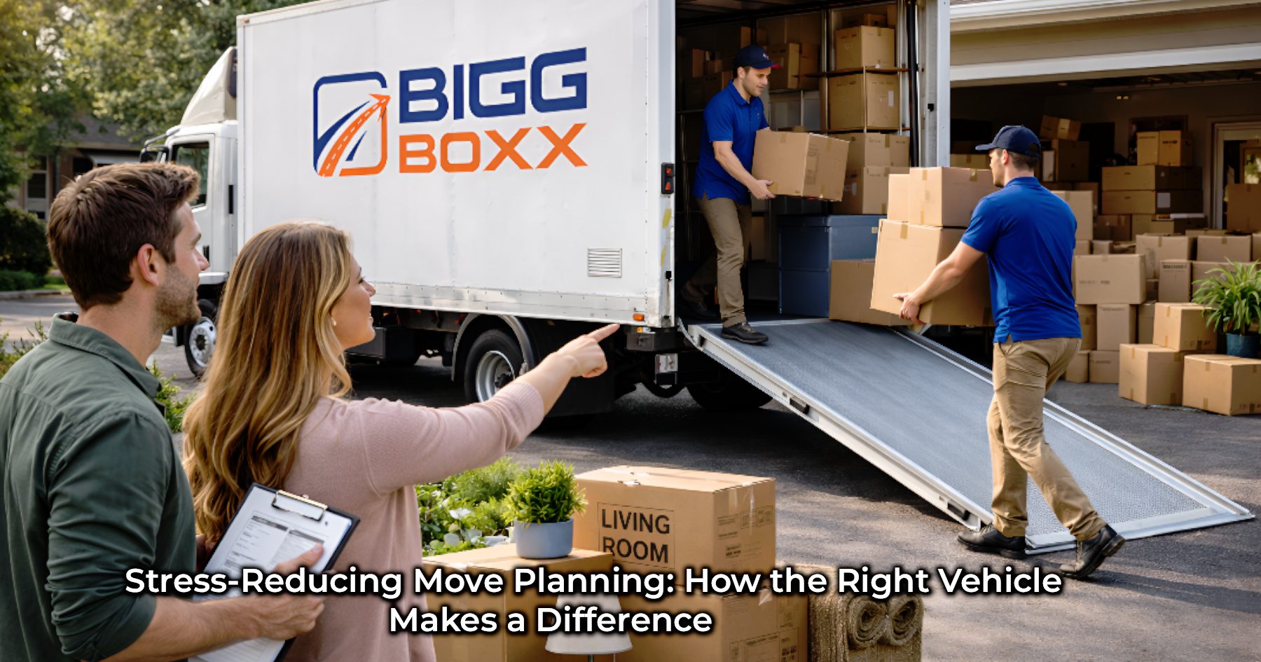 Stress-reducing move planning in action as a couple oversees professional movers loading organized boxes into a spacious moving truck with ramp access outside their home | Stress-Reducing Move Planning: How the Right Vehicle Makes a Difference | Bigg Boxx Rentals