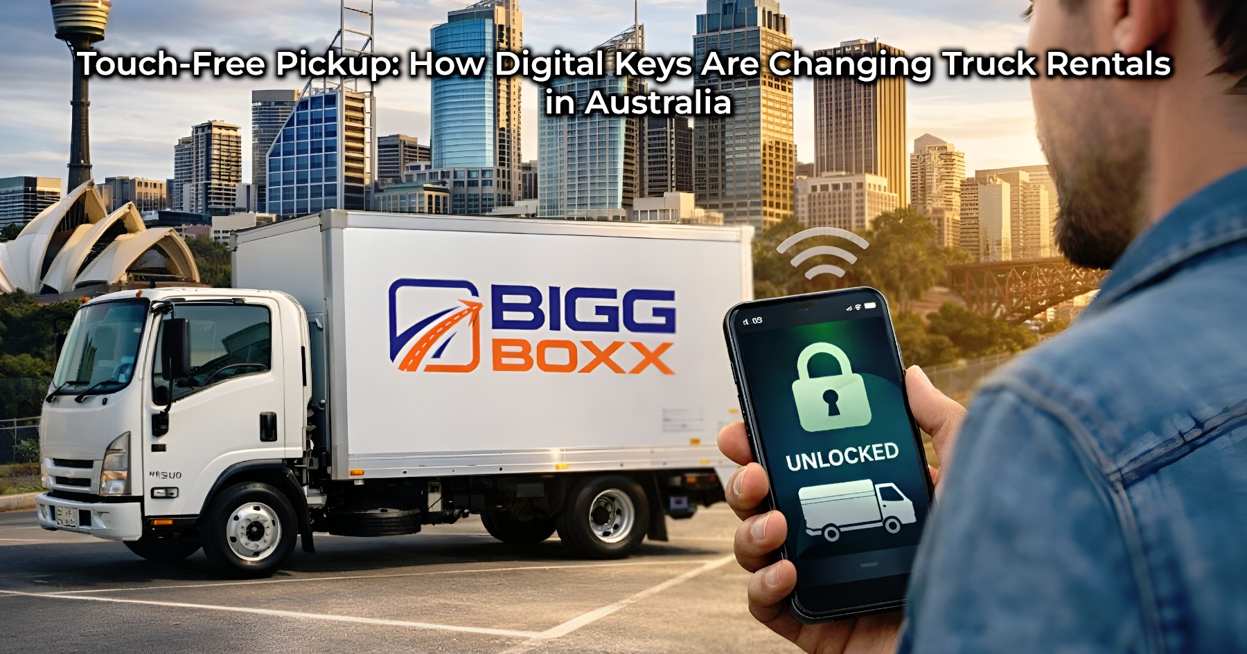 Touch-free pickup using digital key on smartphone to unlock Bigg Boxx rental truck in Australia city setting | Touch-Free Pickup: How Digital Keys Are Changing Truck Rentals in Australia | Bigg Boxx Rentals