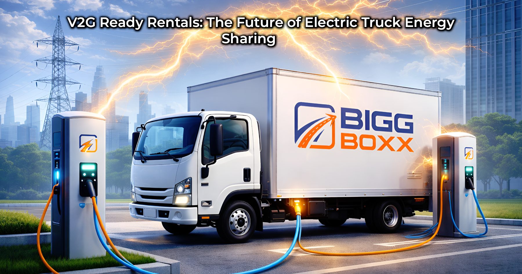 V2G ready rentals electric box truck plugged into dual charging stations with energy flowing back to the power grid in a modern city setting, showcasing smart vehicle-to-grid technology and sustainable transport innovation | V2G Ready Rentals: The Future of Electric Truck Energy Sharing | Bigg Boxx Rentals
