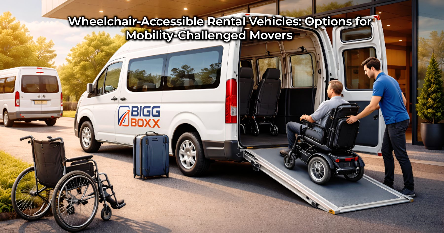 Wheelchair-accessible rental vehicles with rear ramp deployed as an attendant assists a passenger in a powered wheelchair boarding a spacious van outside a modern building, with luggage and an additional van in the background | Wheelchair-Accessible Rental Vehicles: Options for Mobility-Challenged Movers | Bigg Boxx Rentals