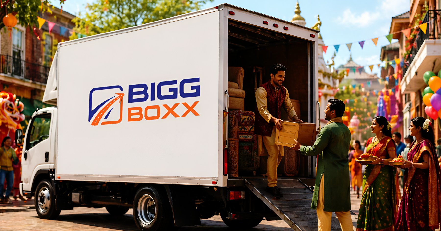 Cultural moving traditions truck delivering goods during vibrant community celebration with people in traditional attire and festive decorations | Cultural Moving Traditions: Vehicle Needs for Different Community Celebrations | Bigg Boxx Rentals