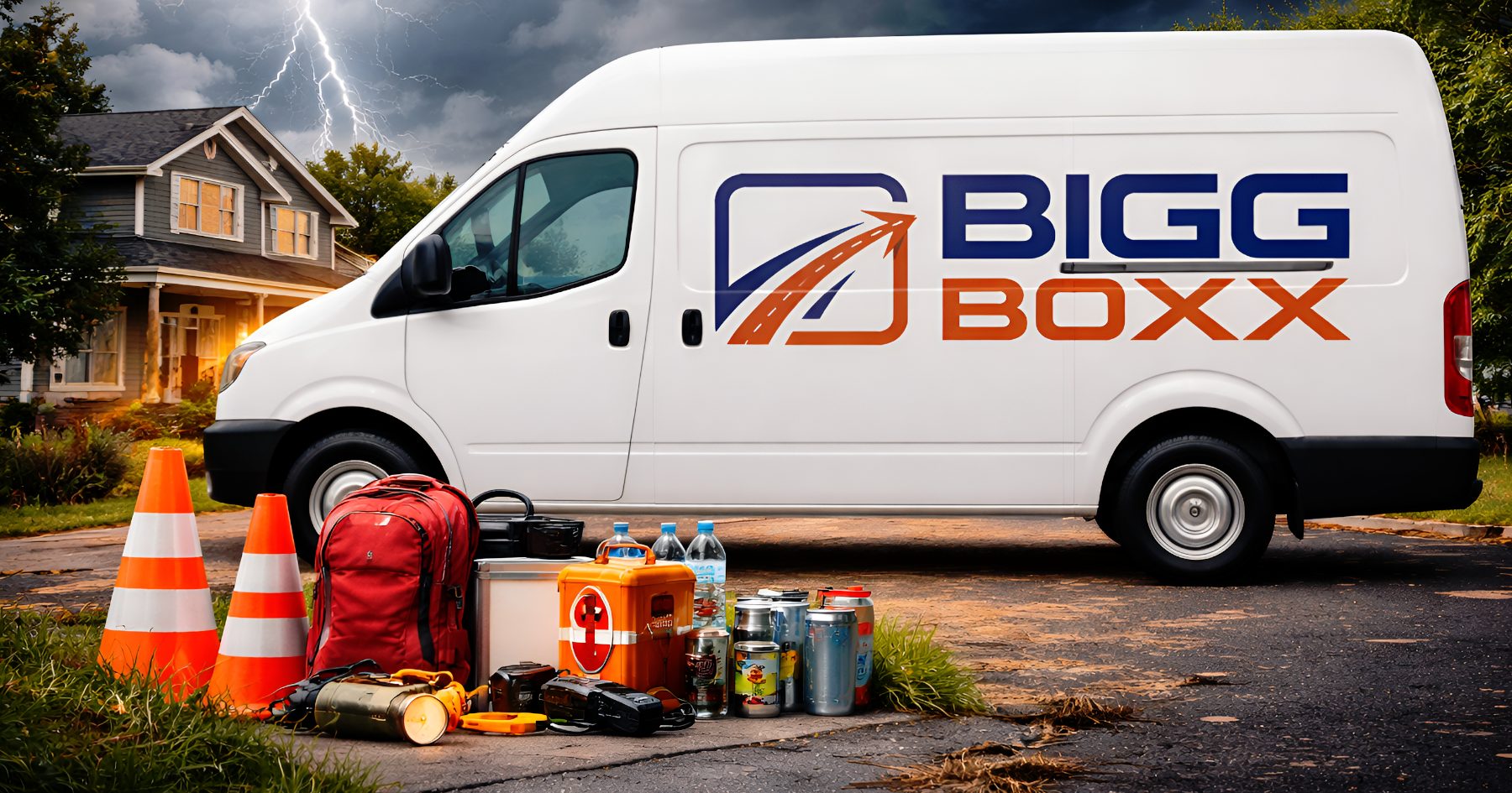 family disaster plan with rental van, emergency supplies, storm scene, and safety gear ready for evacuation | Emergency Ready: Keeping Rental Vehicles in Your Family Disaster Plan | Bigg Boxx Rentals