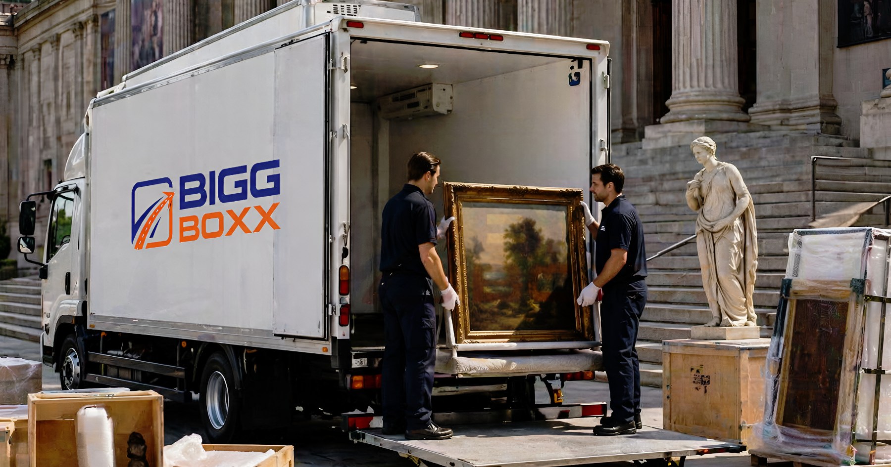 Climate-controlled truck loading artwork outside museum, showcasing secure gallery and museum moves with professional handling | Gallery & Museum Moves: Climate-Controlled Trucks for Artwork Transportation | Bigg Boxx Rentals