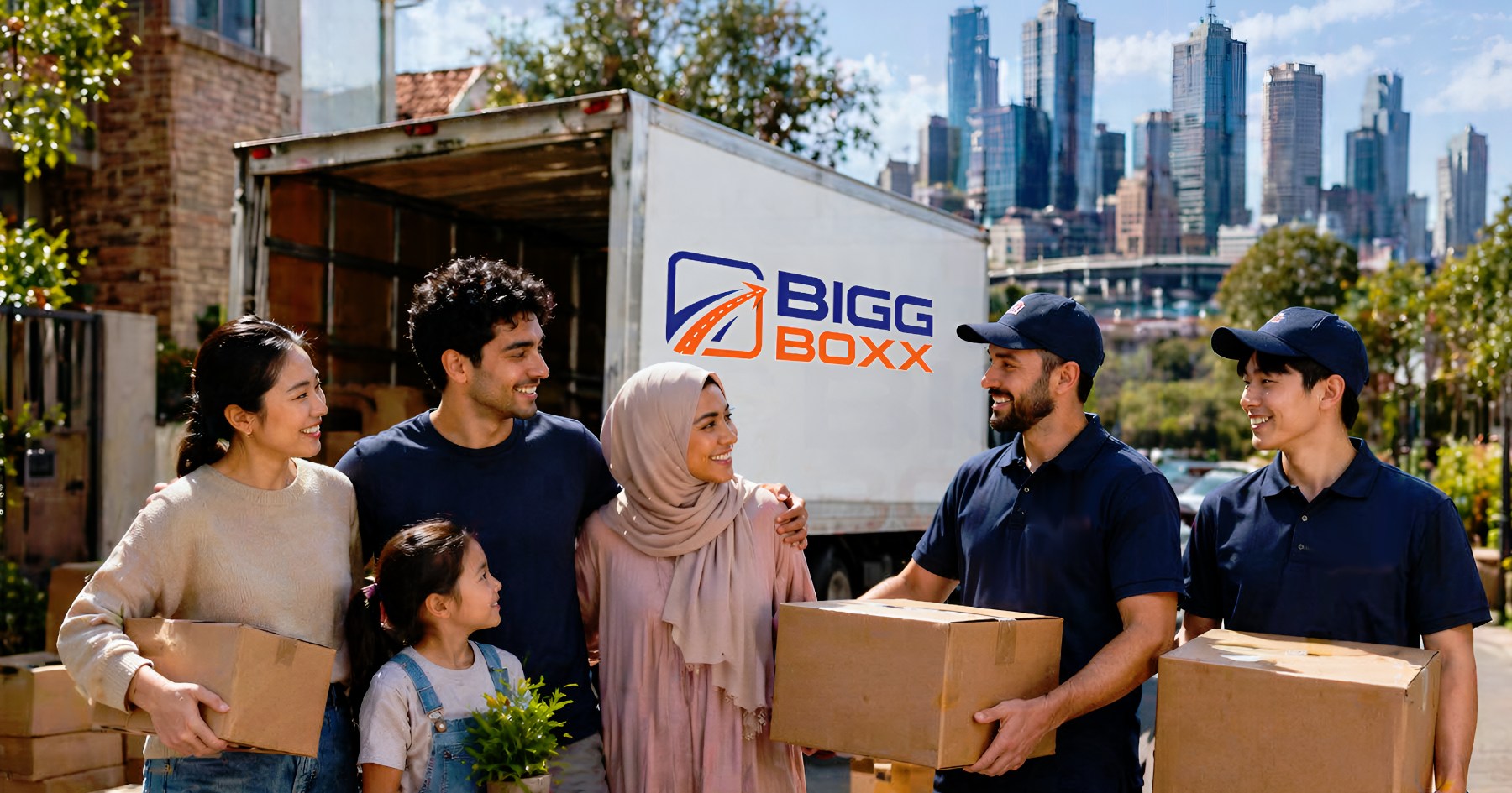 Multicultural family and movers with truck in Melbourne, showcasing friendly service and communication for Moving in your language | Moving in Your Language: How Rental Companies Serve Multicultural Melbourne | Bigg Boxx Rentals