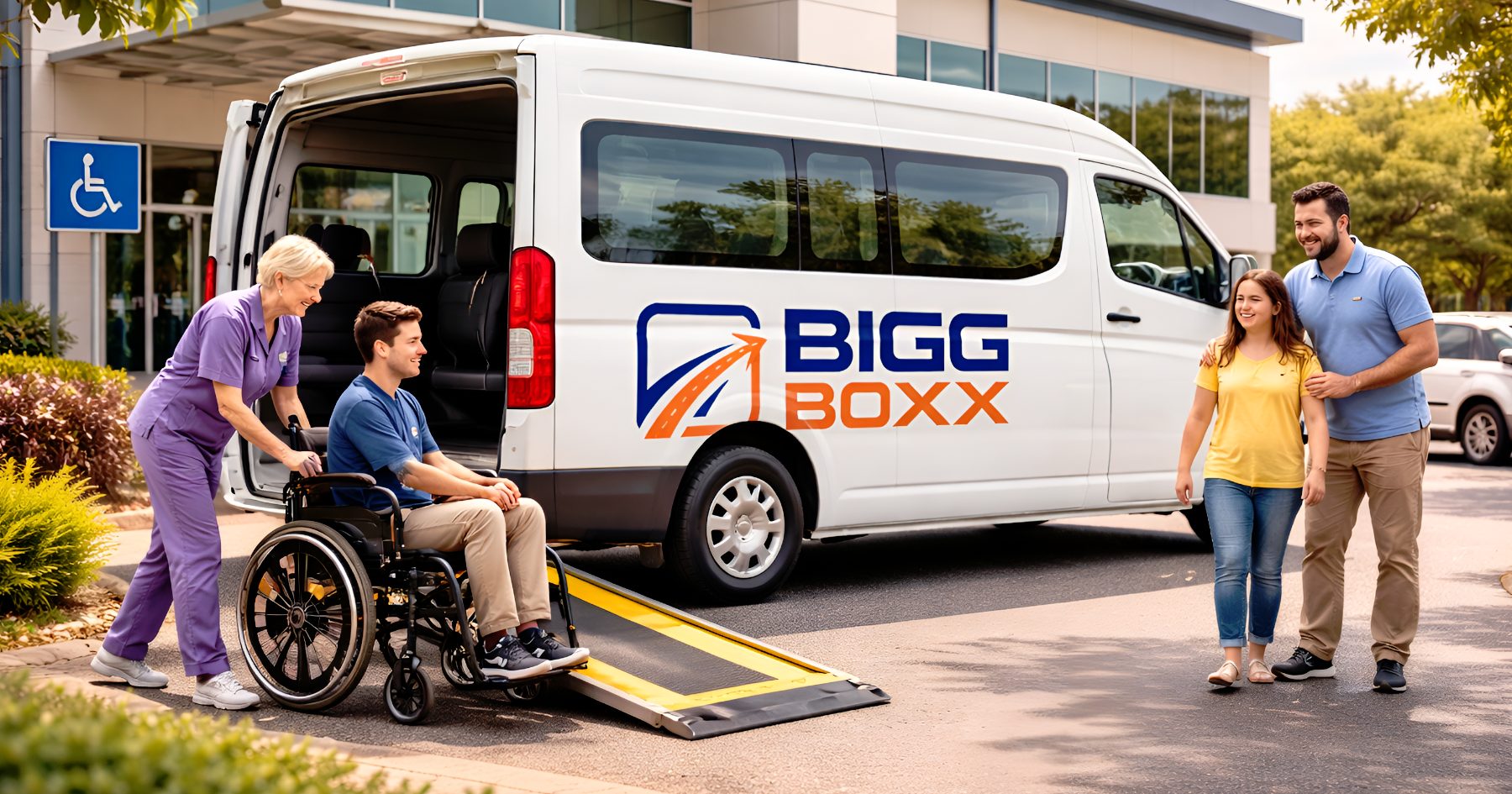 NDIS provider vehicle hire with accessible van, wheelchair ramp, and support staff assisting passenger outside healthcare facility | NDIS Provider Vehicle Hire: Compliant Transport for Disability Support Services | Bigg Boxx Rentals