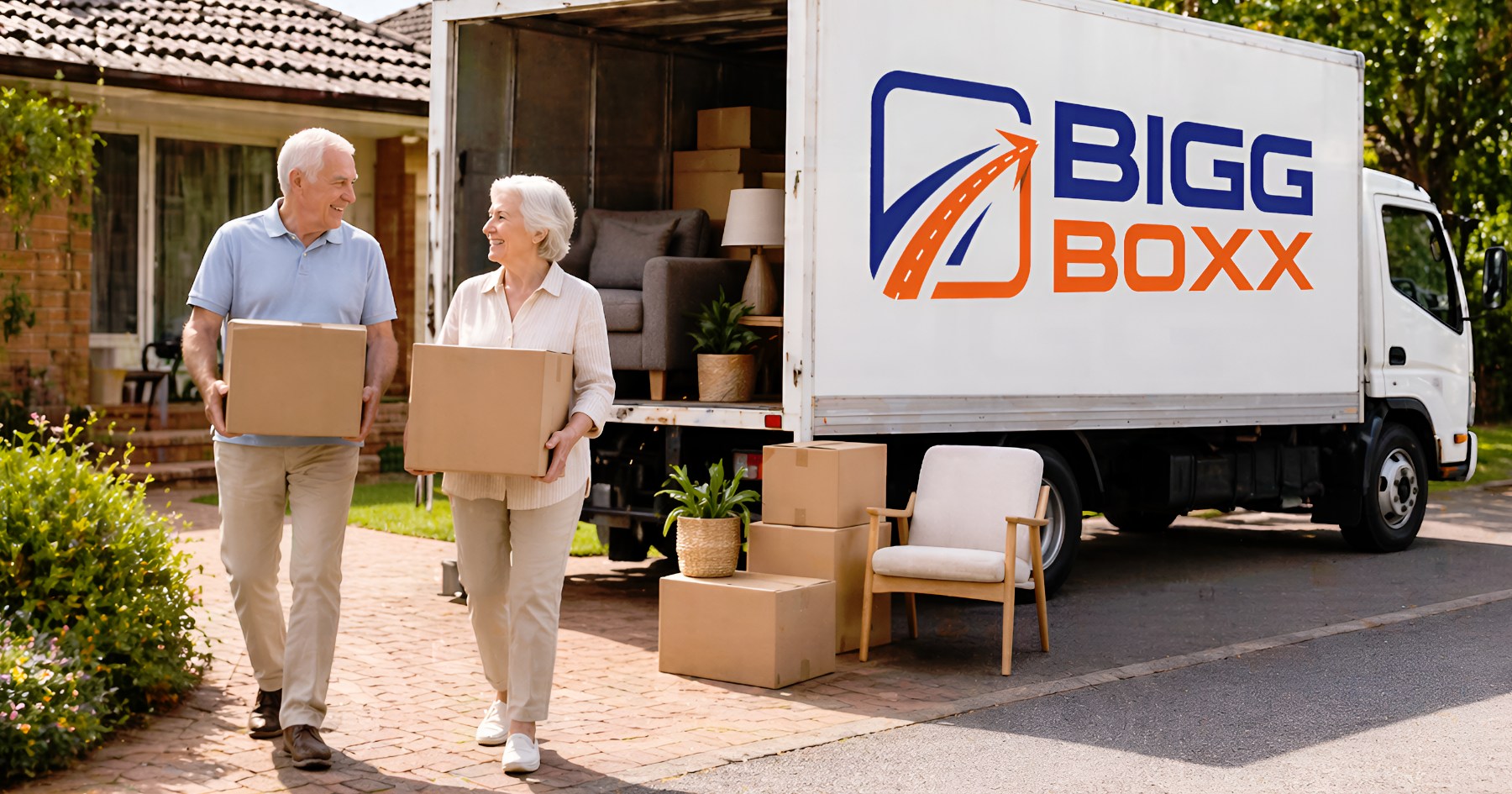 Over-60 movers using rental truck, senior couple carrying boxes outside home with easy, stress-free moving process and support | Over-60 Movers: Simplified Rental Processes for Senior Australians | Bigg Boxx Rentals