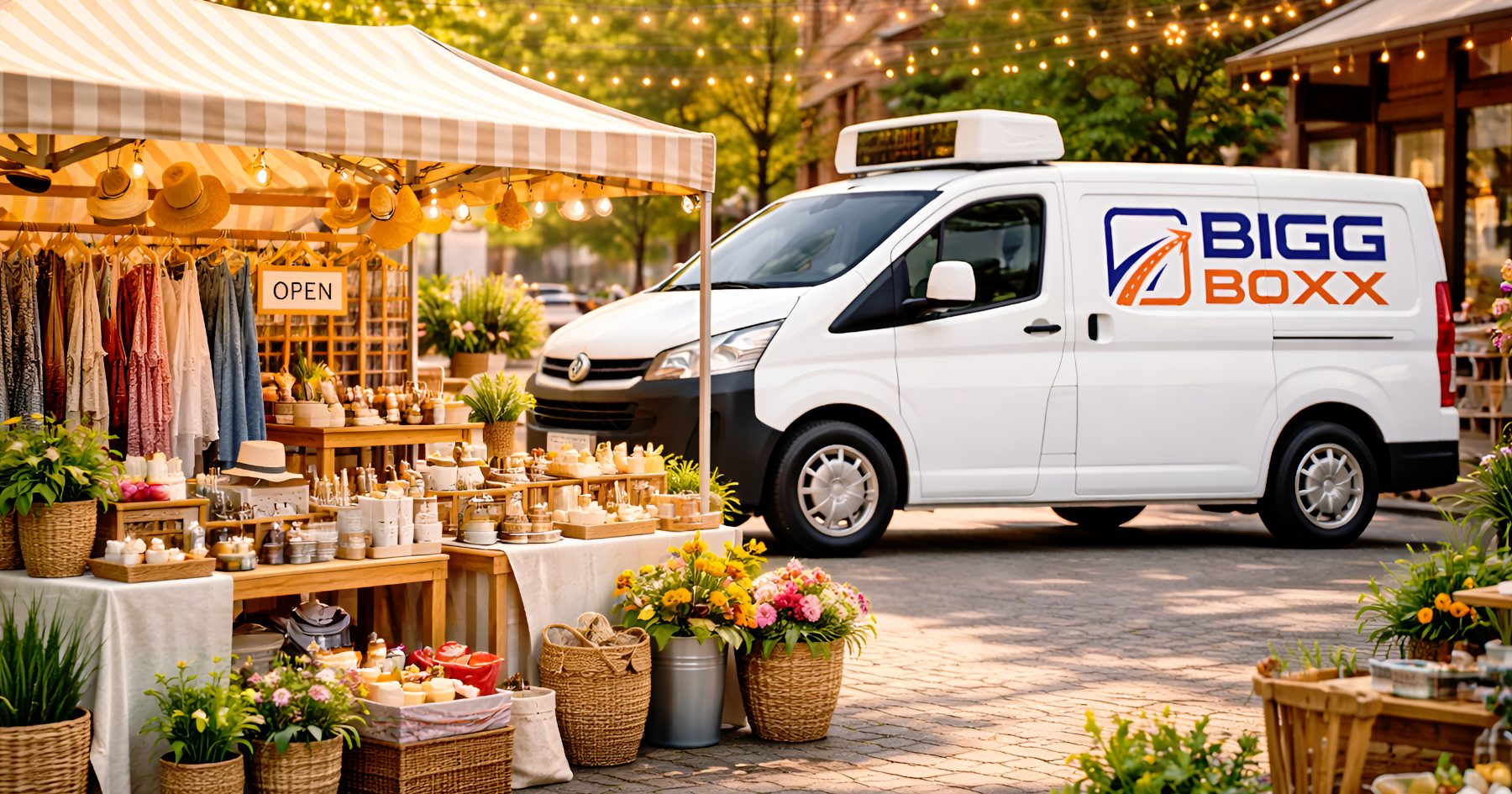 Temporary store setups with pop-up stall and van displaying products at outdoor market under warm lights | Temporary Store Setups: Short-Term Van Rentals for Pop-Up Shop Owners | Bigg Boxx Rentals