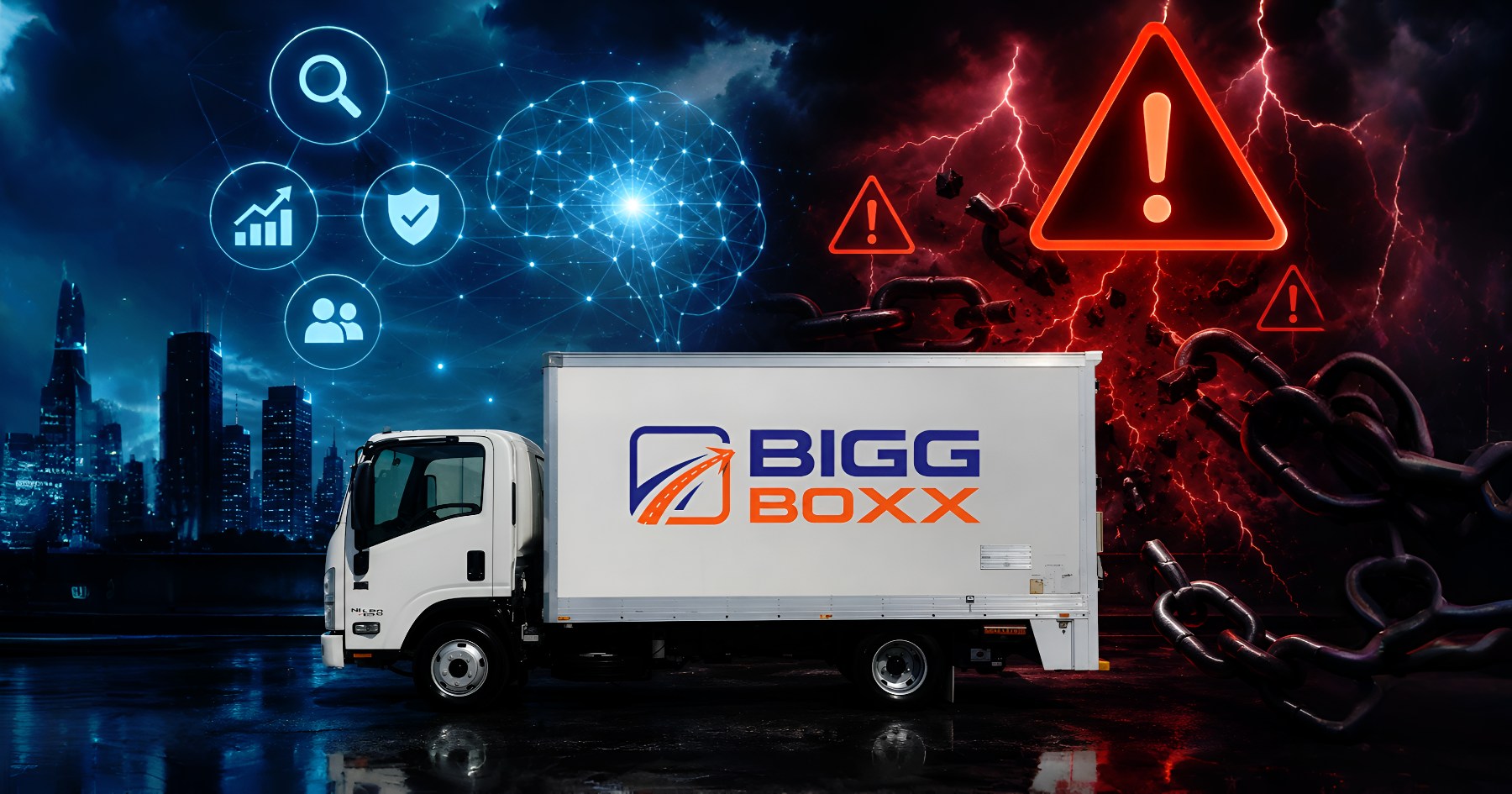 SEO mistakes truck rental websites concept image with Bigg Boxx truck, AI warning symbols, and futuristic search graphics | 4 Dangerous SEO Mistakes Truck Rental Websites Must Avoid in the AI Era | Bigg Boxx Rentals