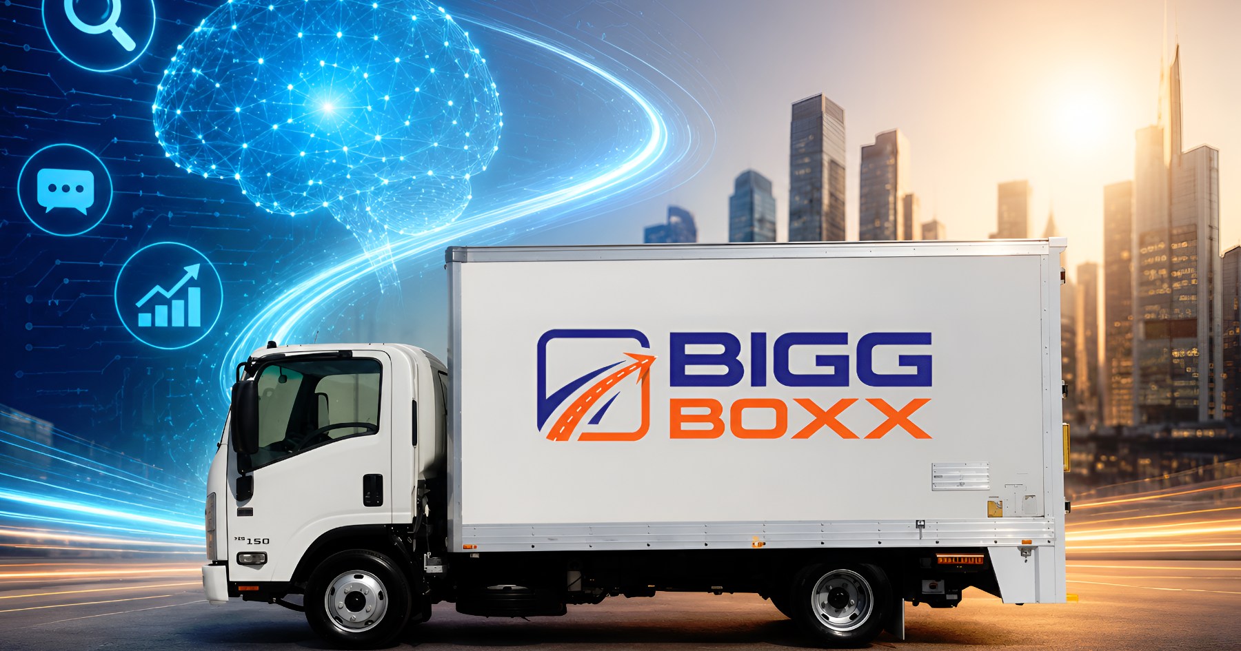 AI search truck hire concept image featuring a Bigg Boxx rental truck with futuristic AI technology and city background | 7 Brilliant Reasons AI Search Will Send More Truck Hire Clients to Bigg Boxx in 2026 | Bigg Boxx Rentals