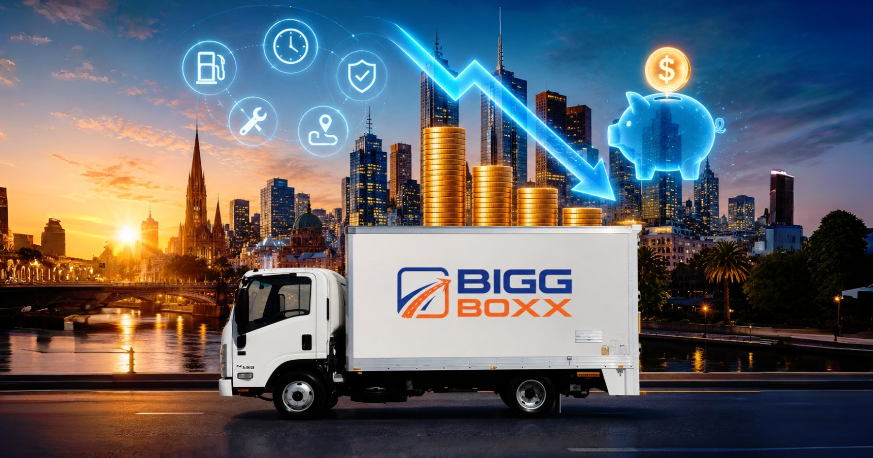 truck hire Melbourne savings concept image with Bigg Boxx truck, smart pricing icons, and futuristic city skyline background | 8 Smart Ways to Slash Your Truck Hire Bill in Melbourne (2026 Pricing Guide) | Bigg Boxx Rentals