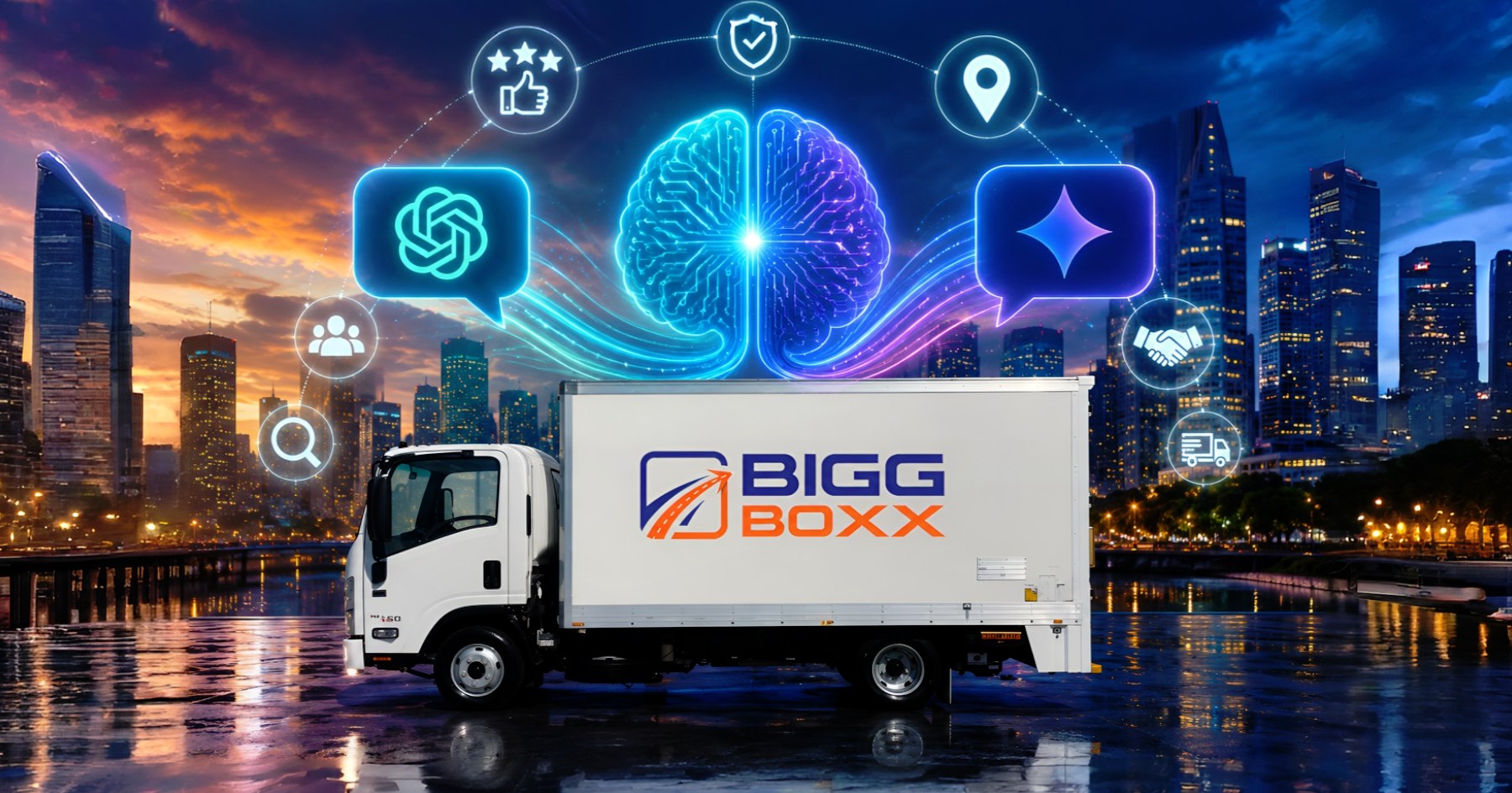 AI search truck rentals concept image featuring a Bigg Boxx rental truck with futuristic ChatGPT and Gemini-inspired AI technology, glowing search icons, and a modern Melbourne city skyline background | 9 Game-Changing Ways ChatGPT & Gemini Recommend Trusted Truck Rentals in Melbourne | Bigg Boxx Rentals
