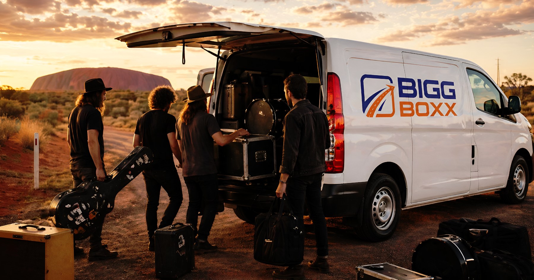 Band loading instruments into branded van at night concert venue, showcasing efficient band tour transport for live music travel | Band Tour Transport: Reliable Van Hire for Regional Australia Music Circuits | Bigg Boxx Rentals