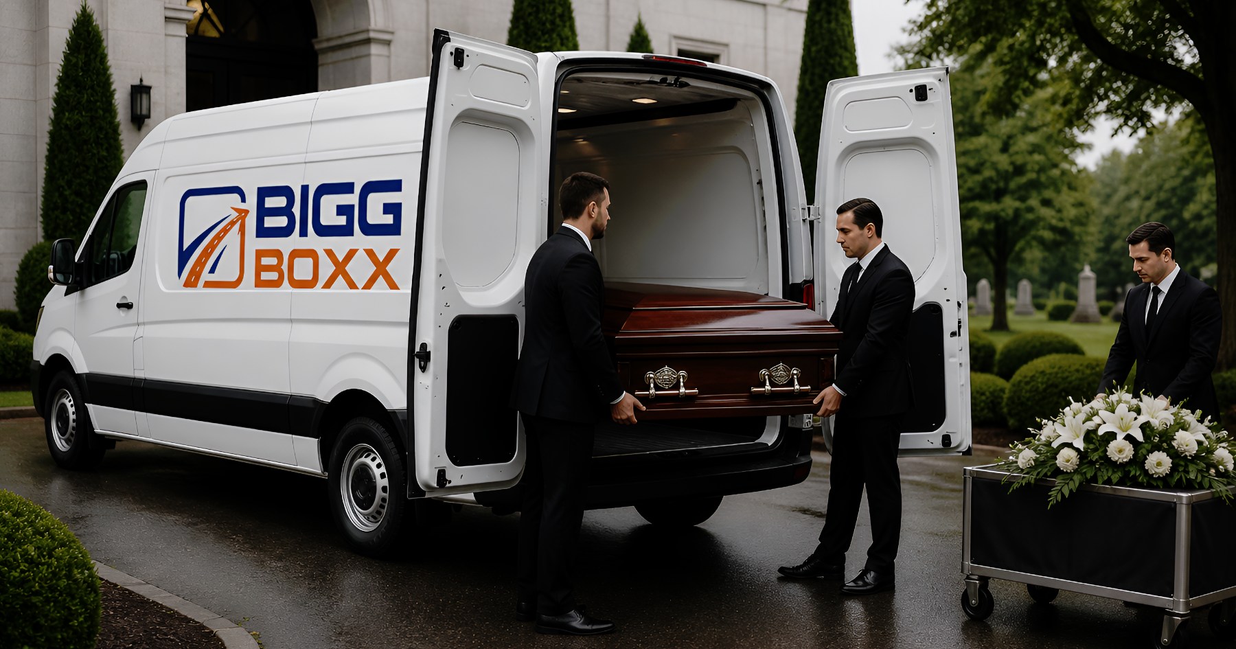 Compassionate transport van assisting funeral directors, staff loading casket with care beside floral arrangements in serene setting | Compassionate Transport: Vehicle Options for Funeral Director Logistics | Bigg Boxx Rentals