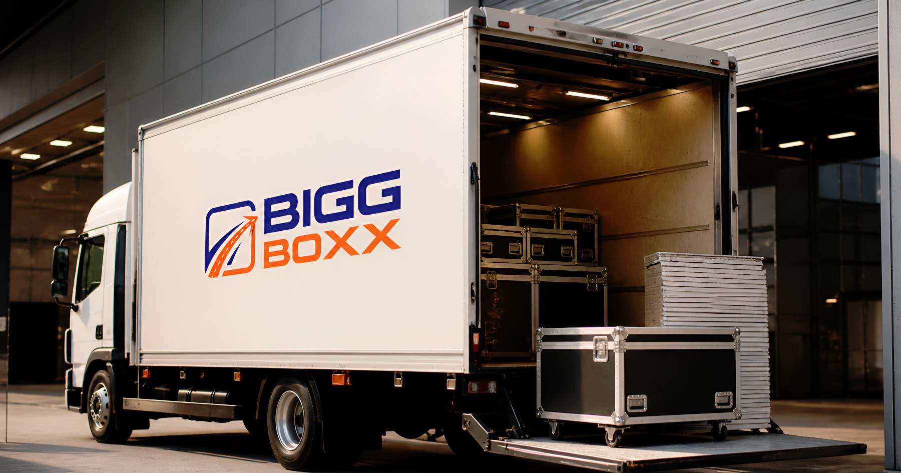 exhibition builder transport truck unloading booth materials with roller door open and cargo cases outside modern building | Exhibition Builder Transport: Roller Door Trucks for Booth Material Delivery | Bigg Boxx Rentals