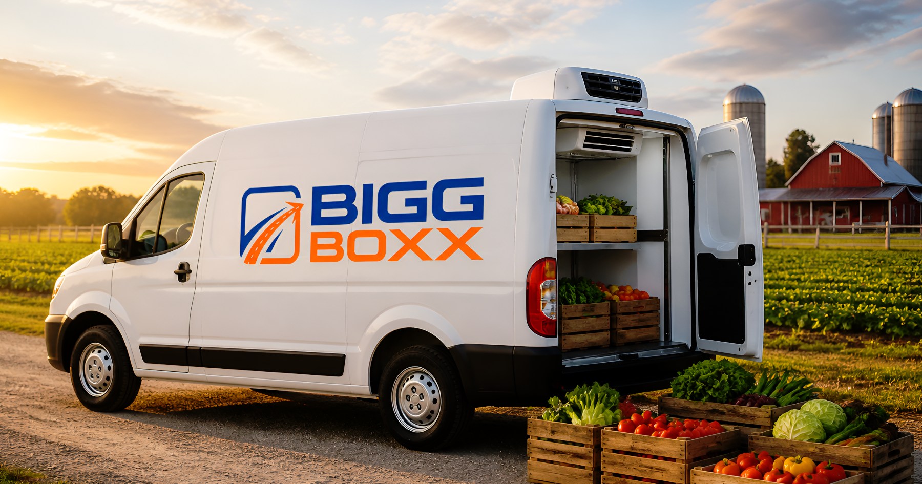 farm-to-market transport refrigerated van delivering fresh produce crates from farm with open cargo and vegetables in rural setting | Farm-to-Market Transport: Refrigerated Rentals for Regional Produce Sellers | Bigg Boxx Rentals