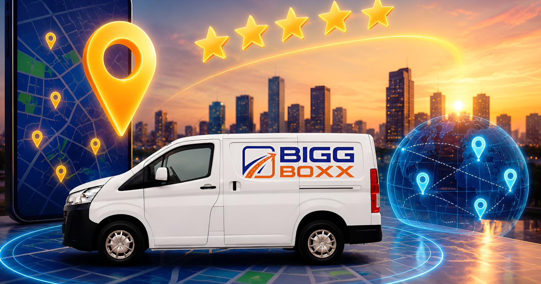 5 star local visibility concept image showing a Bigg Boxx rental van with digital map pins, glowing five-star ratings, and smart local search technology background | How to Win 5 Star Local Visibility in 2026: A Powerful Guide for Van Rental Businesses | Bigg Boxx Rentals
