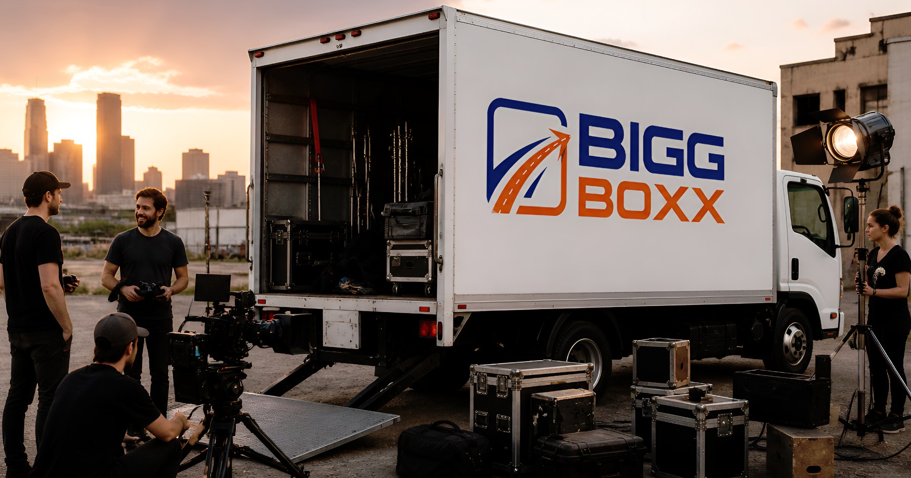 low-budget film crews using rental truck with film equipment, cameras, and lighting setup on urban production set at sunset | Low-Budget Film Crews: Cost-Effective Vehicle Packages for Independent Productions | Bigg Boxx Rentals