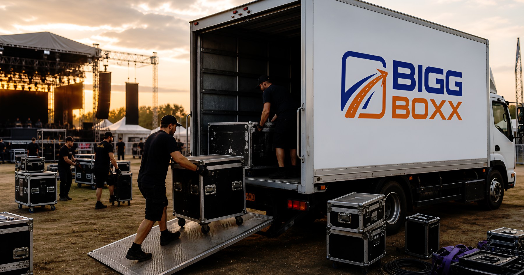 Music festival crew moves with truck loading stage equipment and gear near outdoor concert venue at sunset for efficient transport | Music Festival Crew Moves: Heavy Vehicle Hire for Stage & Equipment Transport | Bigg Boxx Rentals