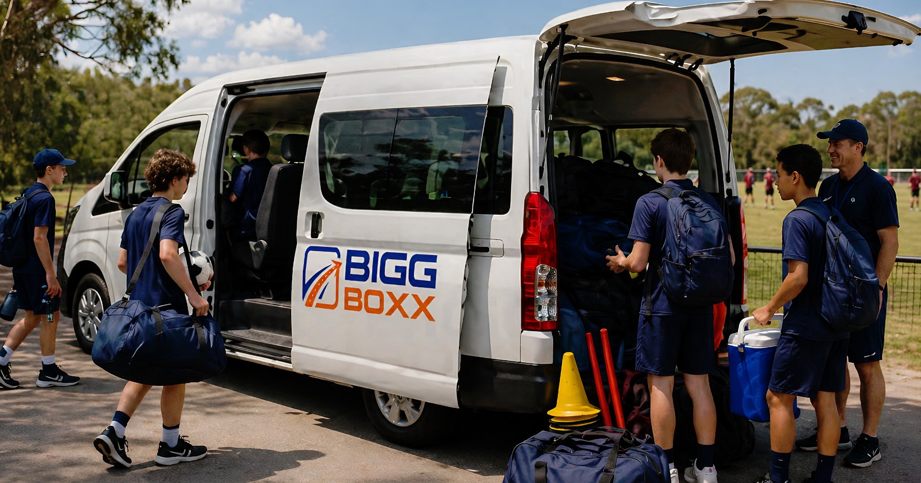 Sports team loading equipment into 12-seater van, showing efficient team gear transport for clubs with extra cargo space | Team Gear Transport: 12-Seater Vans with Extra Cargo for Sports Clubs | Bigg Boxx Rentals