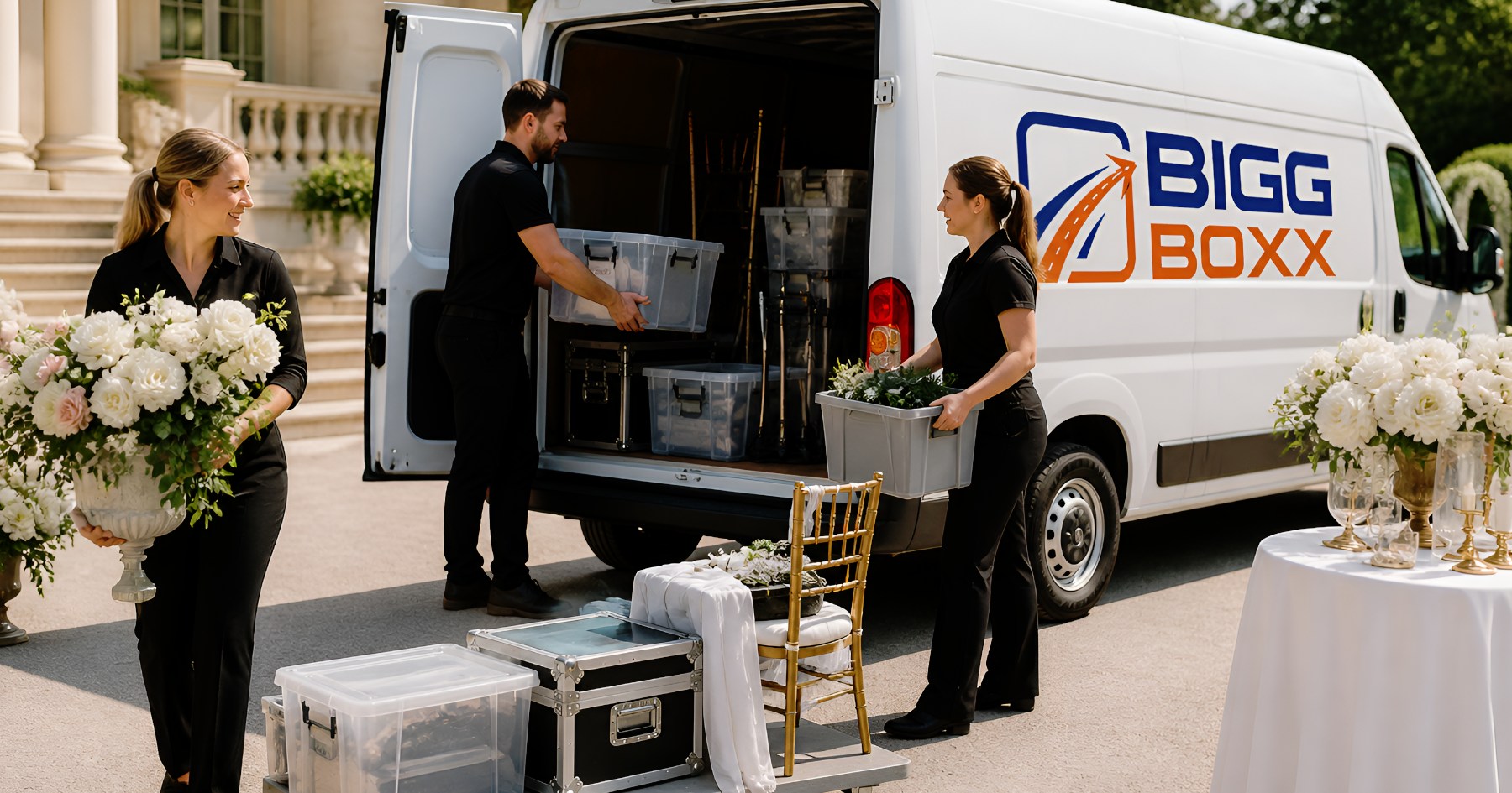 wedding planner transport with rental van, staff loading event décor, floral arrangements, and equipment for seamless setup and breakdown | Wedding Planner Transport: Discrete Van Hire for Event Setup & Breakdown | Bigg Boxx Rentals